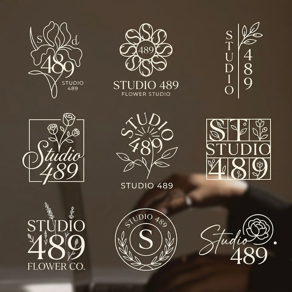 AI Design for a flower studio name " stidio 489". i want a brand mark for this brand. i have attached a reference image so make it like the reference image