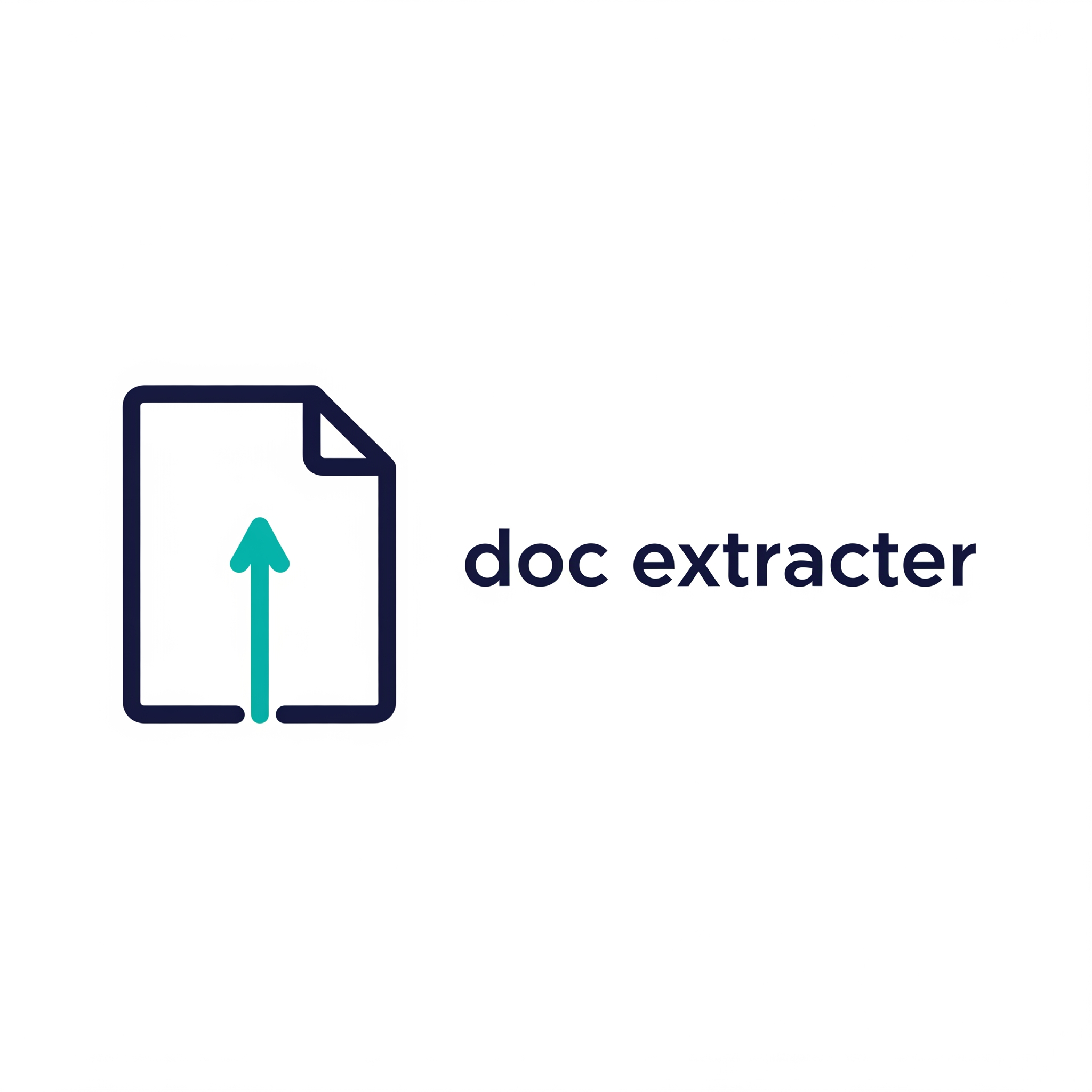 AI Design for Icon: A clean document outline (a simple rectangle with a folded corner) with a single vertical line or arrow emerging from its center — suggesting data/content being extracted. Alternatively, a document with a magnifying glass revealing a small gear or text lines inside.

Minimal options:

Document + Arrow Up — A thin-line document icon (no fill) with an upward-pointing arrow inside, symbolizing extraction.
Document + Brackets — A document outline with < > or { } brackets subtly embedded, hinting at parsing/extraction.
Abstract "D/E" monogram — Interlocking lowercase "d" and "e" forming a document-like shape.
Typography:

Sans-serif: Inter, Lato, or Poppins (Light or Regular weight)
All lowercase: doc extracter
Or title case: Doc Extracter
Clean spacing, no bold overuse
Color Palette (Professional & Minimal):

Primary: Deep navy (#1A2332) or charcoal (#2D2D2D)
Accent: A single vibrant color — teal (#0EA5A0), blue (#2563EB), or amber (#F59E0B)
Background: White or off-white
Layout:




[Icon]   doc extracter
Icon on the left, text to the right. Simple. No tagline needed unless you want one like "structured data, simply".