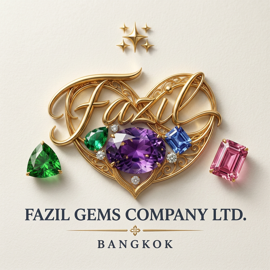 AI Design for company name: Fazil gems Company Ltd - create Professional luxury gemstone product photography. Preserve 100% original gemstone color, cut, shape, transparency and natural inclusions. generate logo change design