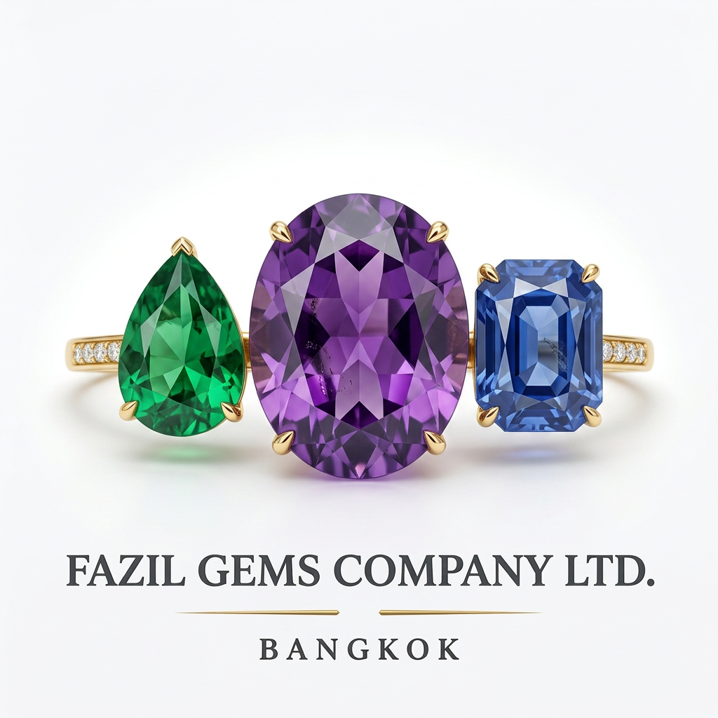 AI Design for company name: Fazil gems Company Ltd - create Professional luxury gemstone product photography. Preserve 100% original gemstone color, cut, shape, transparency and natural inclusions. Do not modify gemstone color. Pure white background, high-end studio lighting, crystal clear faceting, realistic reflections, subtle shadow, ultra sharp focus, luxury jewelry catalog style, premium gemstone advertisement, commercial photography, elegant composition, 8K ultra HD, eye-catching, realistic, natural, no artificial color enhancement, no color correction on gemstone. make professional