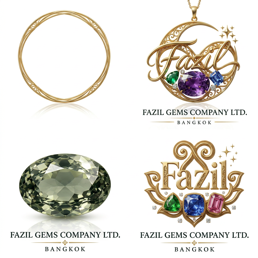 AI Design for company name: Fazil gems Company Ltd - create Professional luxury gemstone product photography. Preserve 100% original gemstone color, cut, shape, transparency and natural inclusions. Do not modify gemstone color. Pure white background, high-end studio lighting, crystal clear faceting, realistic reflections, subtle shadow, ultra sharp focus, luxury jewelry catalog style, premium gemstone advertisement, commercial photography,