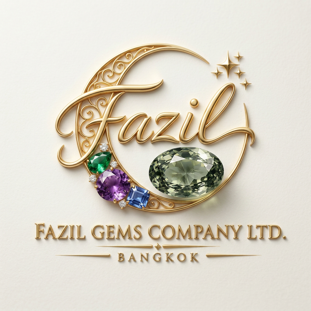 AI Design for company name: Fazil gems Company Ltd - create Professional luxury gemstone product photography. Preserve 100% original gemstone color, cut, shape, transparency and natural inclusions. generate logo