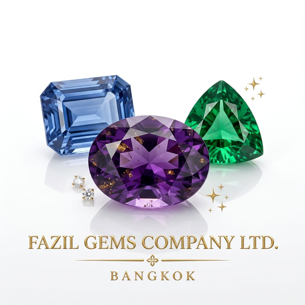 AI Design for company name: Fazil gems Company Ltd - create Professional luxury gemstone product photography. Preserve 100% original gemstone color, cut, shape, transparency and natural inclusions. Do not modify gemstone color. Pure white background, high-end studio lighting, crystal clear faceting, realistic reflections, subtle shadow, ultra sharp focus, luxury jewelry catalog style, premium gemstone advertisement, commercial photography, elegant composition, 8K ultra HD, eye-catching, realistic, natural, no artificial color enhancement, no color correction on gemstone.