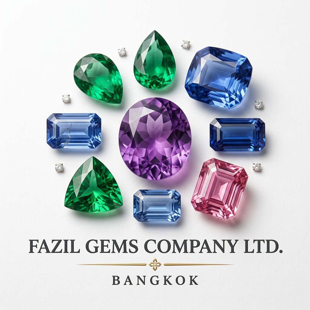 AI Design for company name: Fazil gems Company Ltd - create Professional luxury gemstone product photography. Preserve 100% original gemstone color, cut, shape, transparency and natural inclusions. Do not modify gemstone color. Pure white background, high-end studio lighting, crystal clear faceting, realistic reflections, subtle shadow, ultra sharp focus, luxury jewelry catalog style, premium gemstone advertisement, commercial photography, elegant composition, 8K ultra HD, eye-catching, realistic, natural, no artificial color enhancement, no color correction on gemstone.