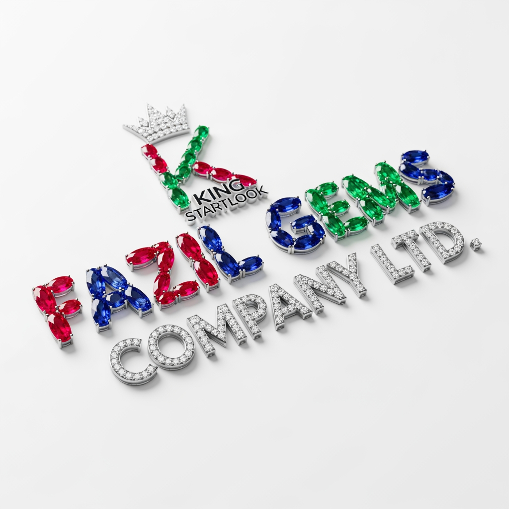 AI Design for Fazil gems Company Ltd create logo Ehance the stone look with white background with user eye catchly look. Professional luxury gemstone product photography. king startlook logos