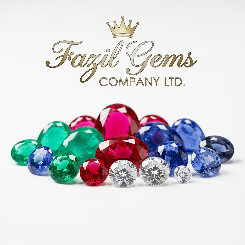 AI Design for Fazil gems Company Ltd create logo Ehance the stone look with white background with user eye catchly look. Professional luxury gemstone product photography. quuen look logos