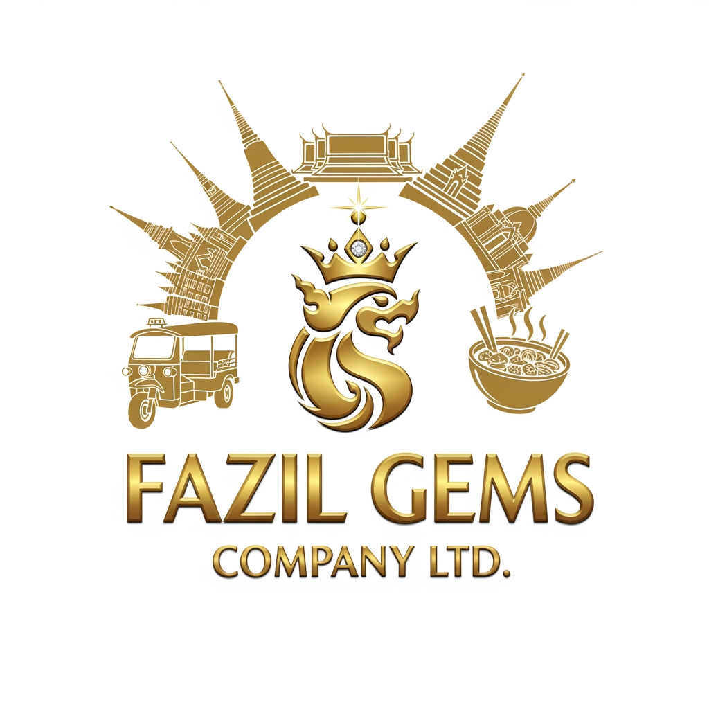 AI Design for Fazil gems Company Ltd create logo Ehance the stone look with white background with user eye catchly look. Professional luxury gemstone product photography. king startlook logos Bangkok is world-famous for its electrifying street life, spectacular Buddhist temples, and legendary culinary scene. in bangkok city famous thigns pls combinate for my logo and generate