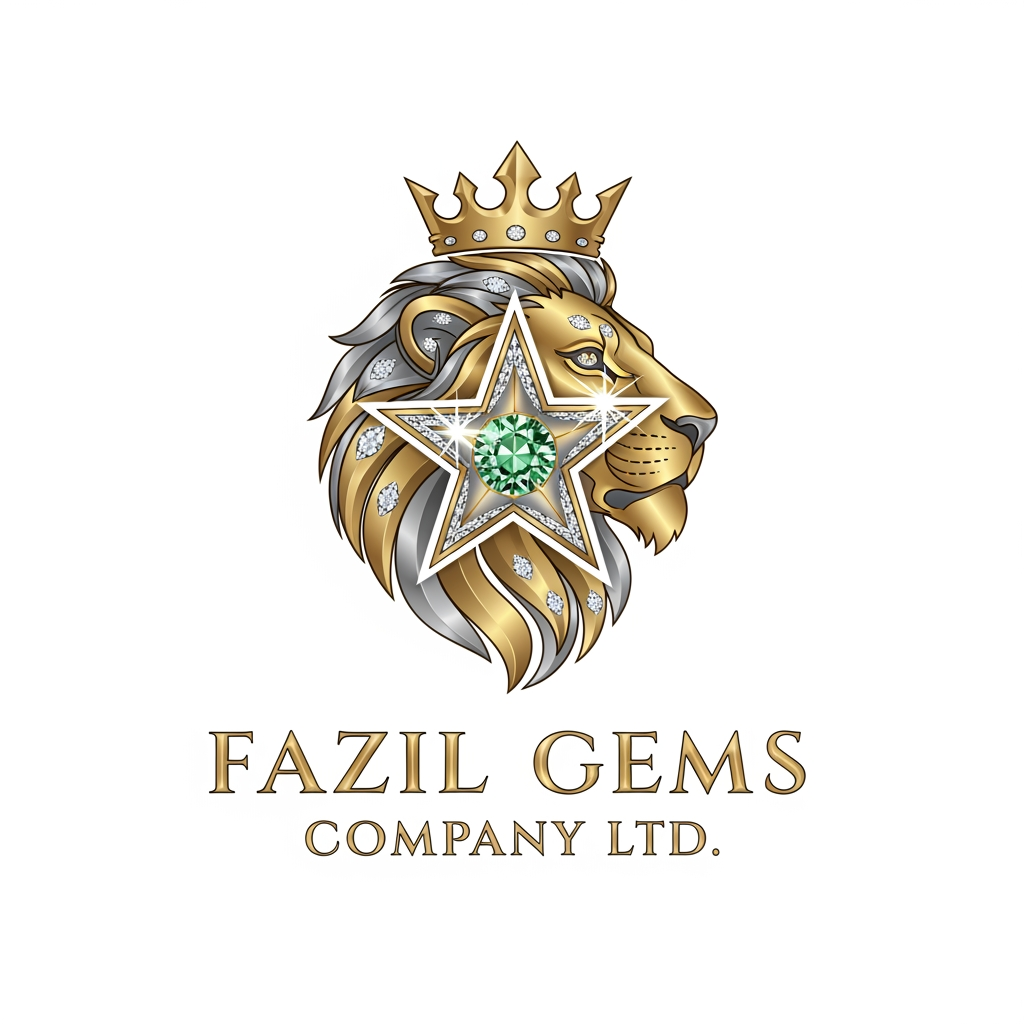 AI Design for Fazil gems Company Ltd create logo Ehance the stone look with white background with user eye catchly look. Professional luxury gemstone product photography. king startlook logos