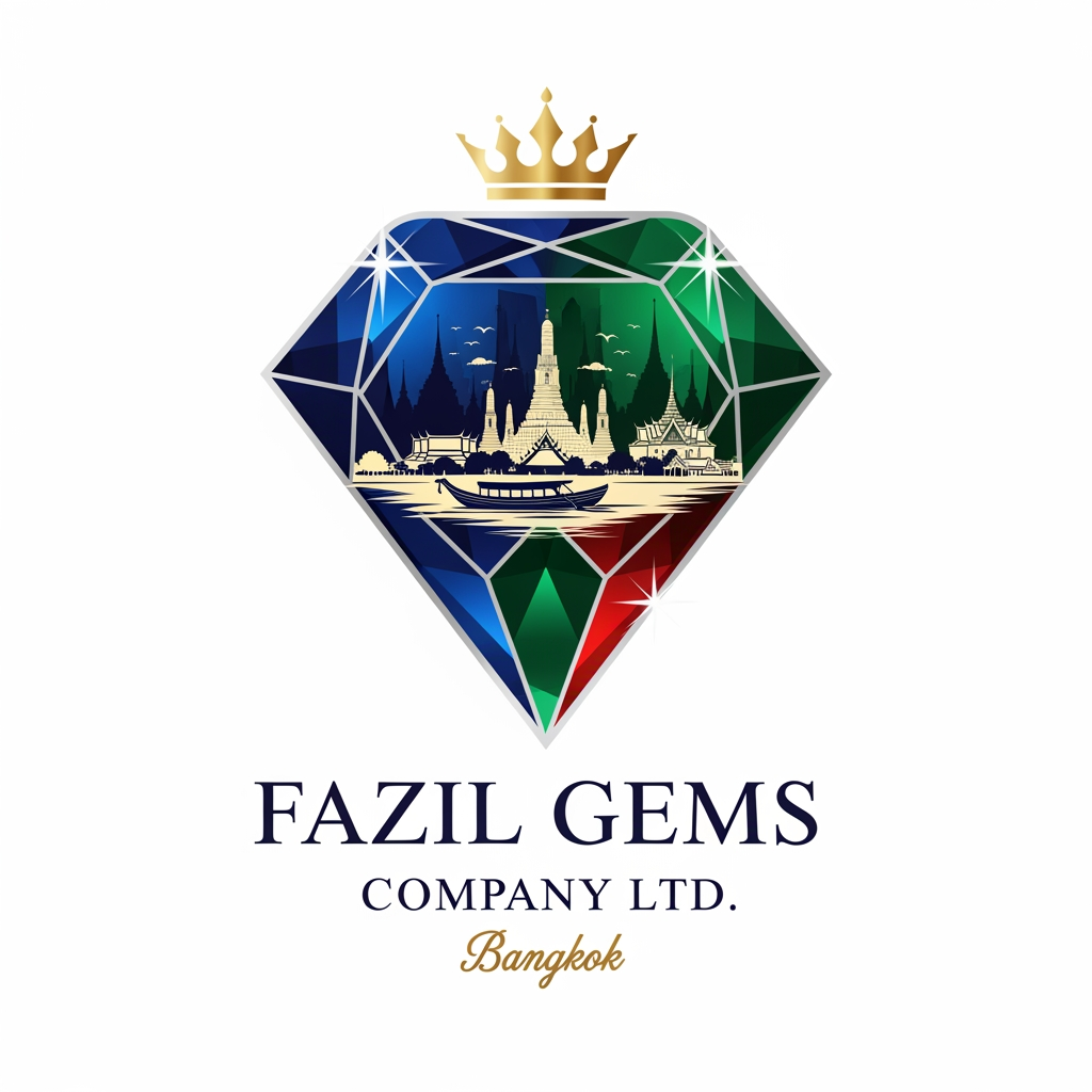 AI Design for Fazil gems Company Ltd create logo Ehance the stone look with white background with user eye catchly look. Professional luxury gemstone product photography. king startlook logos Bangkok is best known for its vibrant street life, iconic Buddhist temples, world-class street food, and bustling markets. It seamlessly blends centuries of rich cultural history with modern mega-malls and a legendary nightlife. in bangkok city famous thigns pls combinate for my logo and generate