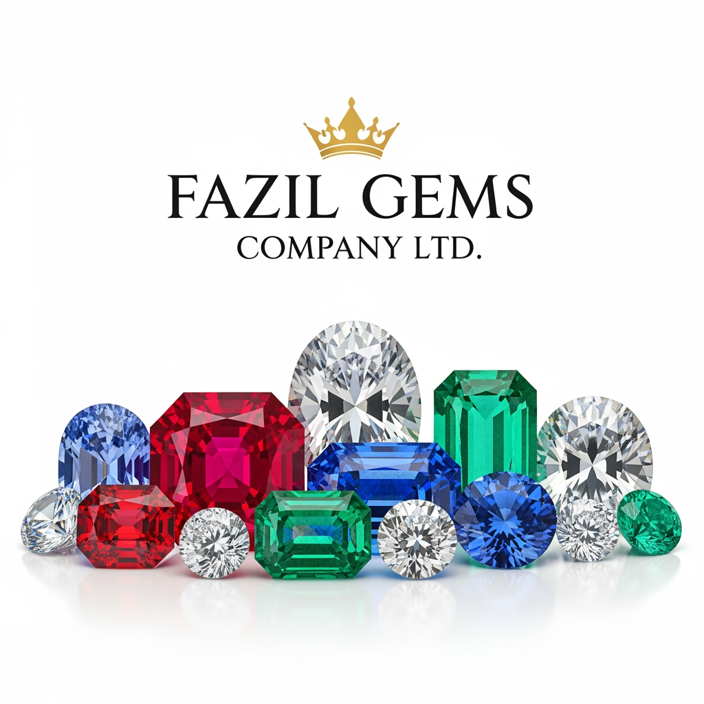AI Design for Fazil gems Company Ltd create logo Ehance the stone look with white background with user eye catchly look. Professional luxury gemstone product photography. quuen look logos