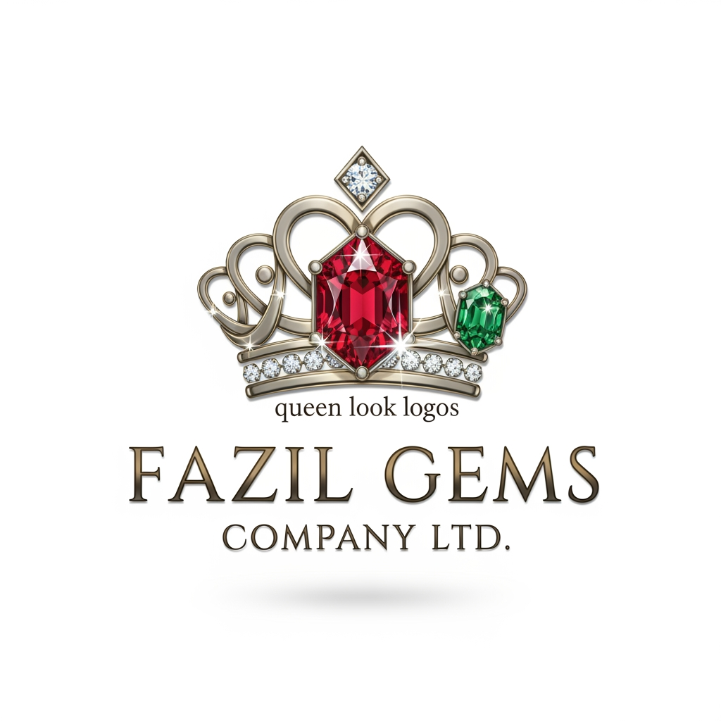 AI Design for Fazil gems Company Ltd create logo Ehance the stone look with white background with user eye catchly look. Professional luxury gemstone product photography. quuen look logos