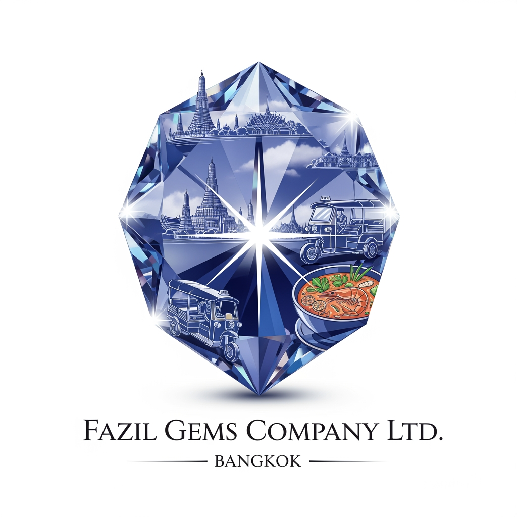 AI Design for Fazil gems Company Ltd create logo Ehance the stone look with white background with user eye catchly look. Professional luxury gemstone product photography. king startlook logos Bangkok is world-famous for its electrifying street life, spectacular Buddhist temples, and legendary culinary scene. in bangkok city famous thigns pls combinate for my logo and generate
