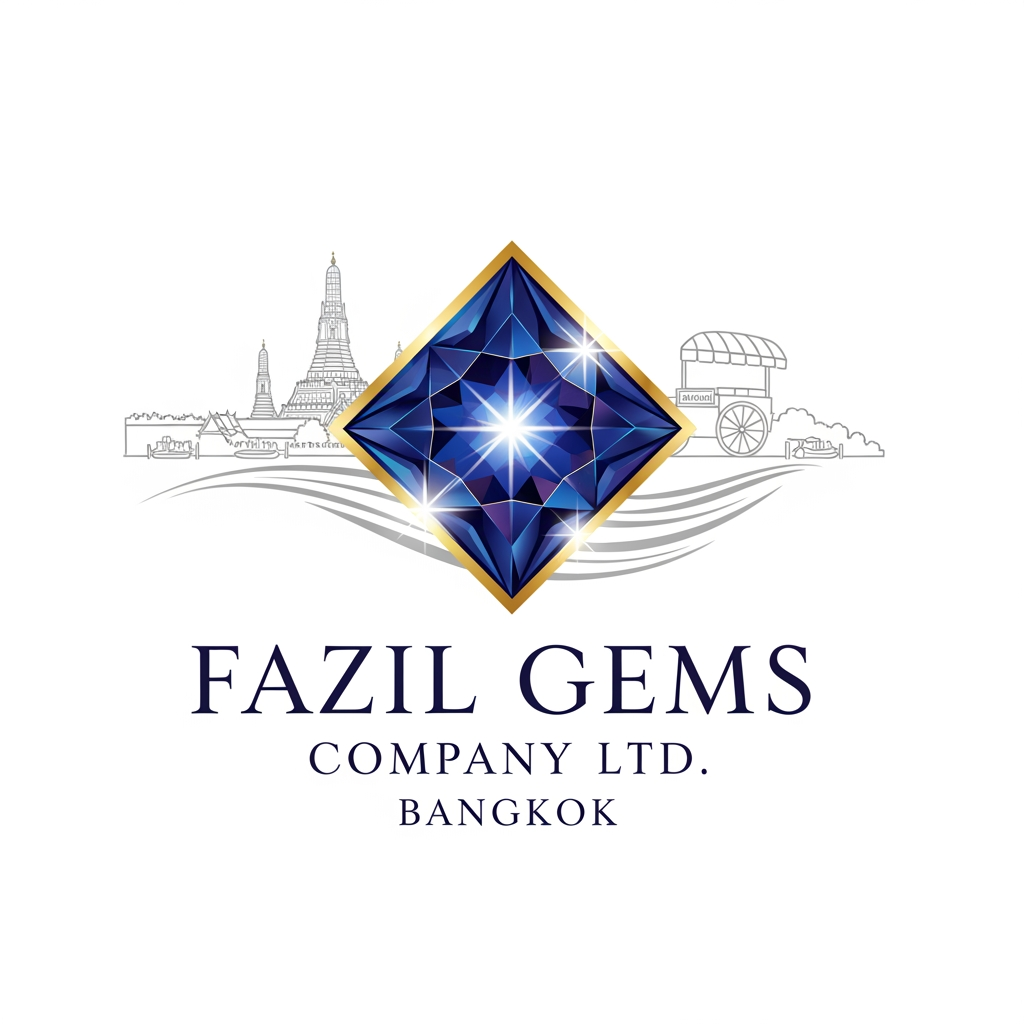 AI Design for Fazil gems Company Ltd create logo Ehance the stone look with white background with user eye catchly look. Professional luxury gemstone product photography. king startlook logos Bangkok is world-famous for its electrifying street life, spectacular Buddhist temples, and legendary culinary scene. in bangkok city famous thigns pls combinate for my logo and generate