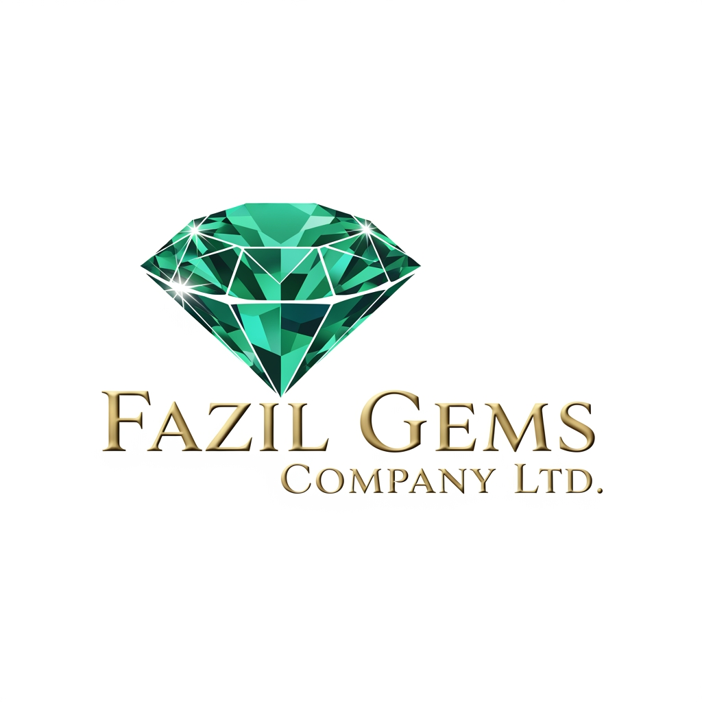AI Design for Fazil gems Company Ltd create logo Ehance the stone look with white background with user eye catchly look. Professional luxury gemstone product photography.