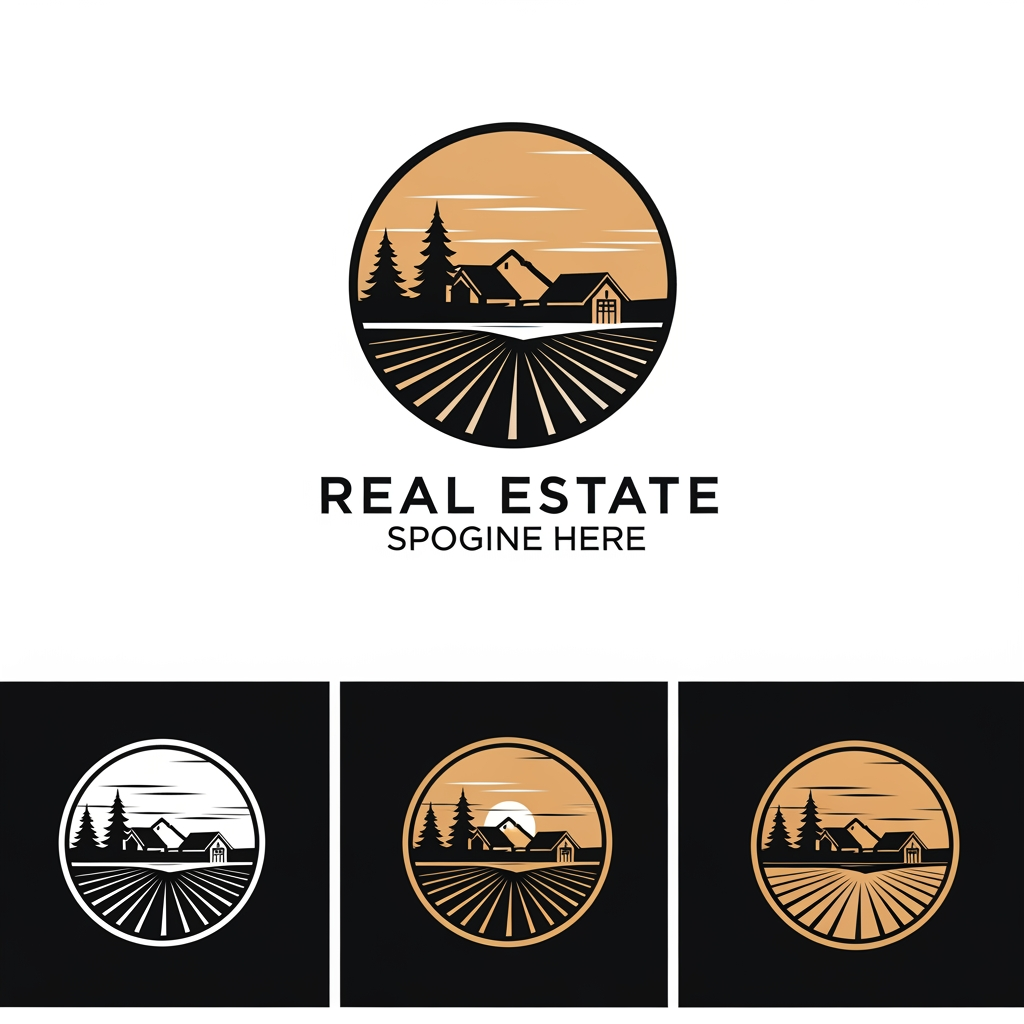 AI Design for Generate an image, I want to re brand the real estate company who sell lands near by nature and farm house, generate a new logo, give options use different colours its an real estate company, create 3 logos and give 3 options, each with 3 colours. Wordmarks Logotypes, Emblems: