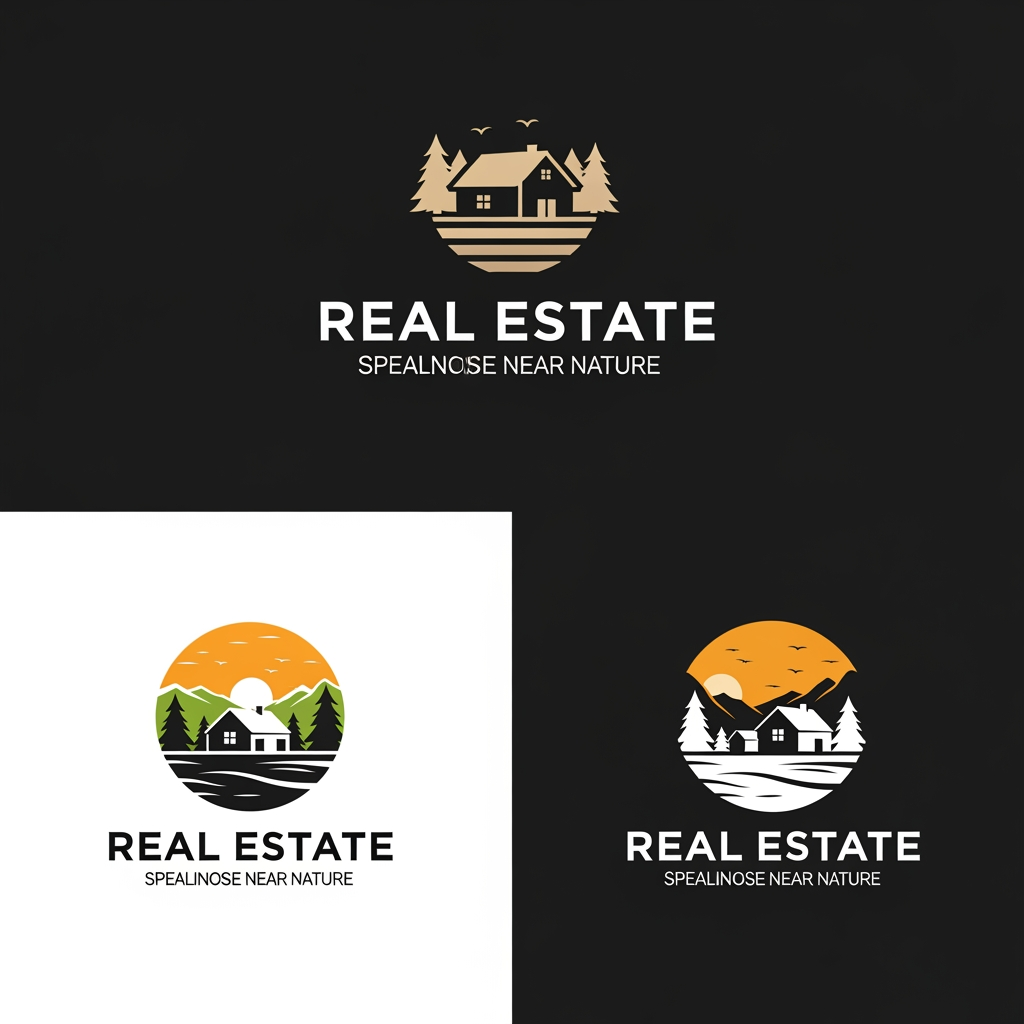 AI Design for Generate an image, I want to re brand the real estate company who sell lands near by nature and farm house, generate a new logo, give options use different colours its an real estate company, create 3 logos and give 3 options, each with 3 colours. Wordmarks Logotypes, Emblems: