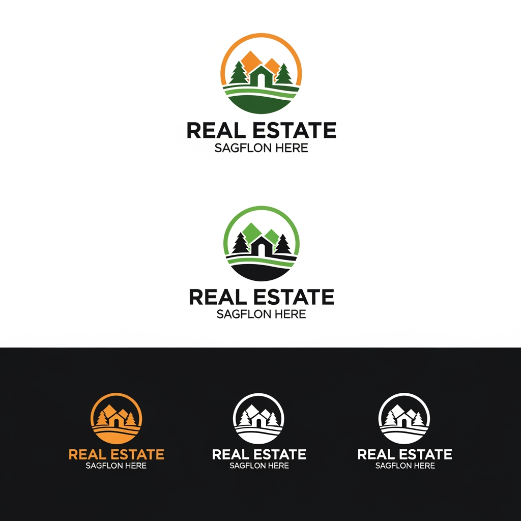 AI Design for Generate an image, I want to re brand the real estate company who sell lands near by nature and farm house, generate a new logo, give options use different colours its an real estate company, create 3 logos and give 3 options, each with 3 colours. Wordmarks Logotypes, Emblems: