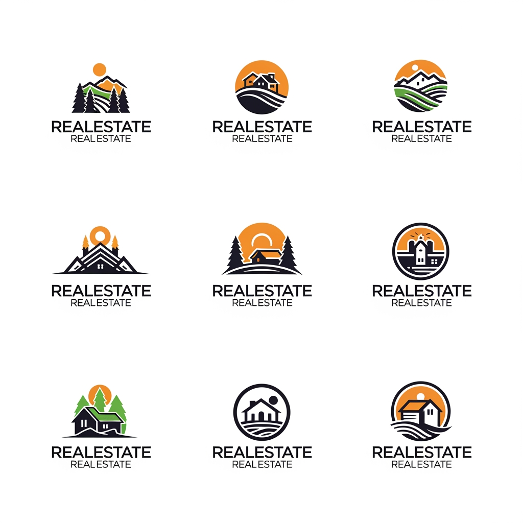 AI Design for Generate an image, I want to re brand the real estate company who sell lands near by nature and farm house, generate a new logo, give options use different colours its an real estate company, create 3 logos and give 3 options, each with 3 colours