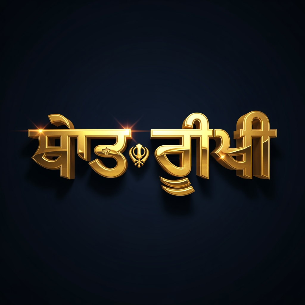 AI Design for "ਪੰਜਾਬੀ ਸਰਗਰਮੀਆਂ" in luxurious 3D gold lettering, embossed effect, metallic shine, royal Punjabi theme, dark navy background, dramatic lighting, premium news channel branding, transparent PNG.