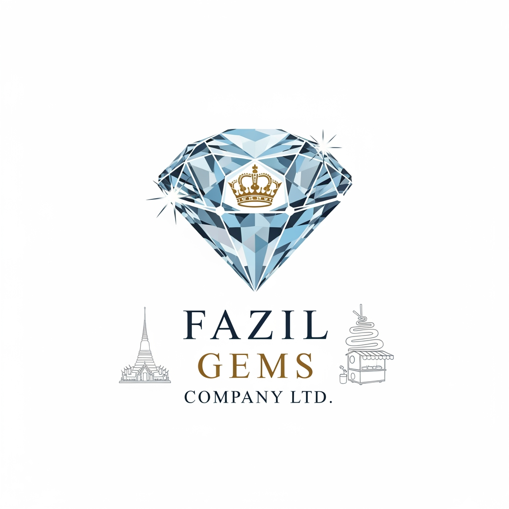 AI Design for Fazil gems Company Ltd create logo Ehance the stone look with white background with user eye catchly look. Professional luxury gemstone product photography. king startlook logos Bangkok is best known for its vibrant street life, iconic Buddhist temples, world-class street food, and bustling markets. in bangkok city famous thigns pls combinate for my logo and generate i need professional look with eye ctaching image not carron look gemstone need to look eye ctaching