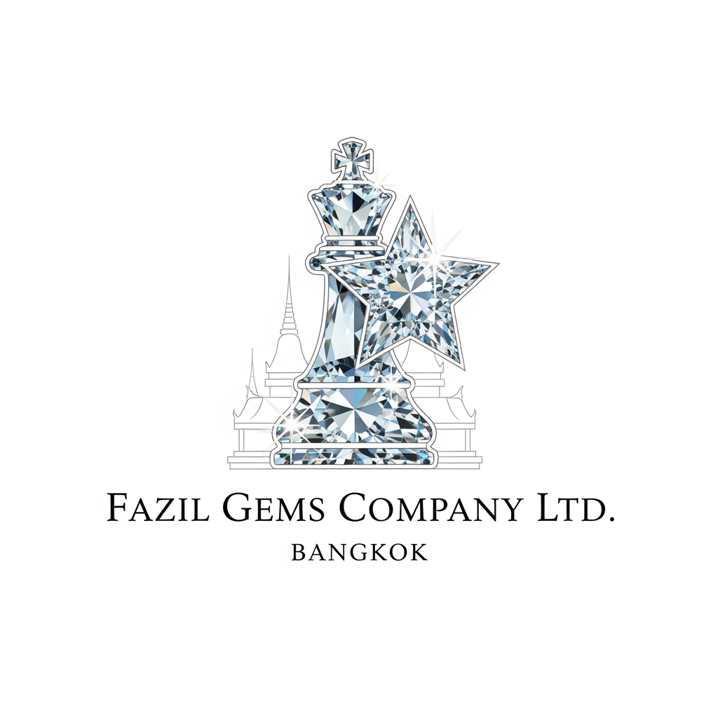 AI Design for Fazil gems Company Ltd create logo Ehance the stone look with white background with user eye catchly look. Professional luxury gemstone product photography. king startlook logos Bangkok is best known for its vibrant street life, iconic Buddhist temples, world-class street food, and bustling markets. in bangkok city famous thigns pls combinate for my logo and generate i need professional look with eye ctaching image not carron look gemstone need to look eye ctaching