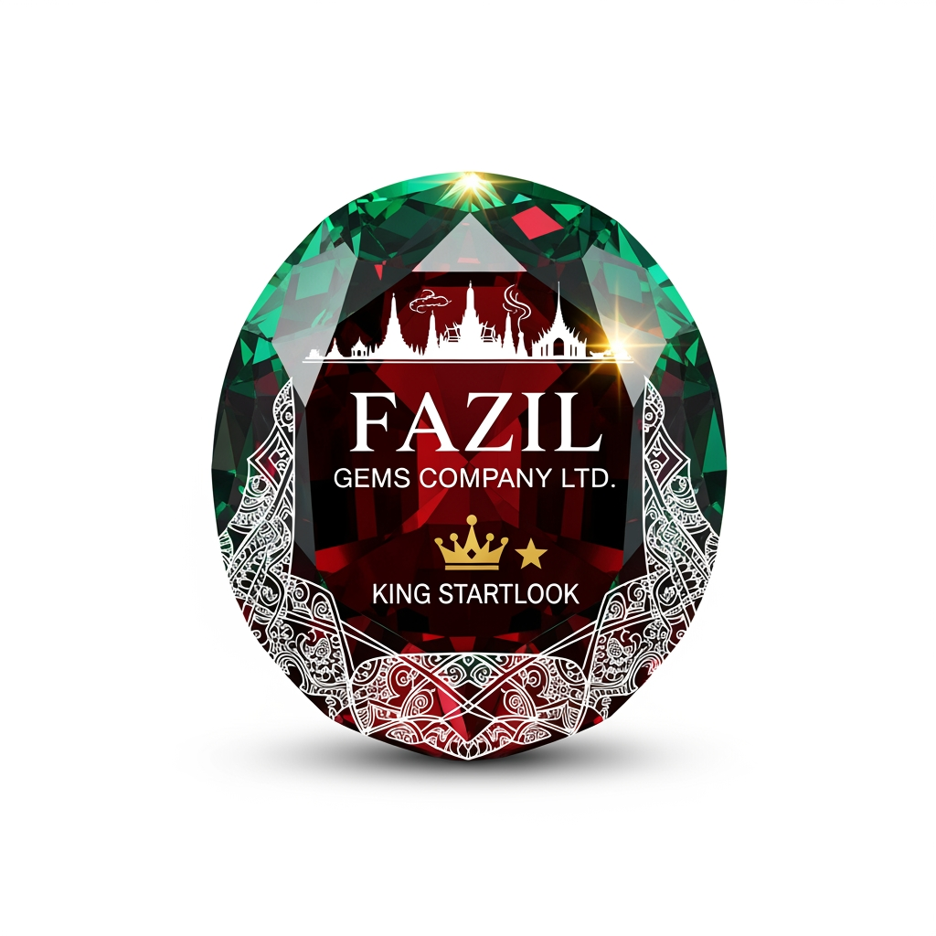 AI Design for Fazil gems Company Ltd create logo Ehance the stone look with white background with user eye catchly look. Professional luxury gemstone product photography. king startlook logos Bangkok is best known for its iconic Buddhist temples, world-class street food, and bustling markets. in bangkok city famous thigns pls combinate for my logo and generate i need professional look with eye ctaching image not carron look gemstone need to look eye ctaching