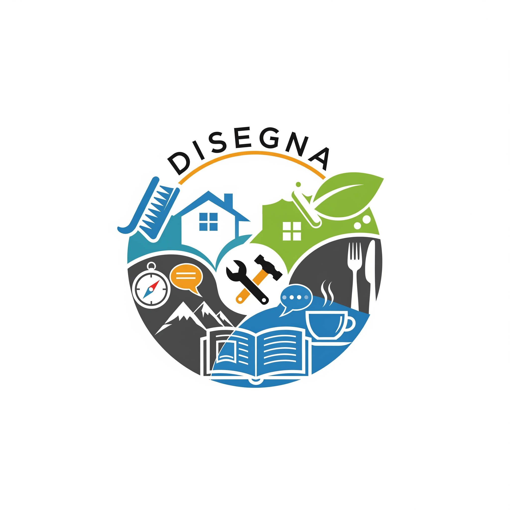 AI Design for icon for disegna il simbolo per un marchio iscritto in un cerchio di una societa' ha per oggetto: - attivita' di pulizia, disinfezione, disinfestazione, derattizzazione e sanificazione industriale, civile, di edifici pubblici e privati; gestione del verde privato e pubblico; facchinaggio, logistica e trasporti; tinteggiatura; installazione di impianti idraulici, di riscaldamento e di condizionamento, installazione di impianti elettrici in edifici residenziali e non residenziali; - la compravendita e la permuta di immobili di qualsiasi genere, civili, industriali, commerciali ed artigianali, sia per conto proprio e per conto di terzi; la ristrutturazione ed il frazionamento degli stessi; - la compravendita di terreni, l'urbanizzazione e lottizzazione degli stessi, nonche' l'esecuzione di opere tendenti a renderli edificabili e ogni altra attivita' affine inerente; - la costruzione di immobili in conto proprio e/o per conto terzi, con esecuzione diretta e/o mediante conferimento di appalti a terzi; - la gestione e l'amministrazione di fabbricati, nel complesso e/o delle singole unita' immobiliari, la locazione ed ogni altra attivita' inerente comprese locazioni extra-alberghiere, locazioni brevi e turistiche, attivita' di affittacamere e b&b; - amministrazione di condomini, servizi tecnici e amministrativi connessi; - attivita' di bar, tavole calde, ristoranti, trattorie, pizzerie, enoteche, attivita' di somministrazione alimenti e bevande anche da asporto e vendita al dettaglio, all'ingrosso e tramite altre forme speciali di vendita di alimenti freschi, conservati e comunque preparati e confezionati, bibite, bevande anche alcoliche e superalcoliche ed ogni altra attivita' accessoria; - produzione e confezionamento di prodotti artigianali, imbottigliamento e confezionamento di prodotti alimentari; - attivita' di agenzia viaggi e organizzazione eventi; - traduzioni ed interpretariato; - guida ambientale ed escursionistica, nordic walking, fitness, attivita' outdoor; - gestione di beni storico-culturali, comunicazioni e attivita' didattiche; - produzione di abbigliamento e vendita al dettaglio e all'ingrosso; - fiere campionarie, esposizioni, mostre. La societa', per il raggiungimento dell'oggetto sociale, potra' compiere tutte le operazioni commerciali, industriali e immobiliari ed inoltre potra' compiere, in via non prevalente e del tutto accessoria e strumentale e comunque con espressa esclusione di qualsiasi attivita' svolta nei confronti del pubblico, operazioni finanziarie e mobiliari, concedere fidejussioni, avalli, cauzioni e garanzie, anche a favore di terzi, nonche' assumere, solo a scopo di stabile investimento e non di collocamento, sia direttamente che indirettamente, partecipazioni in societa' italiane ed estere aventi oggetto analogo, affine o connesso al proprio.