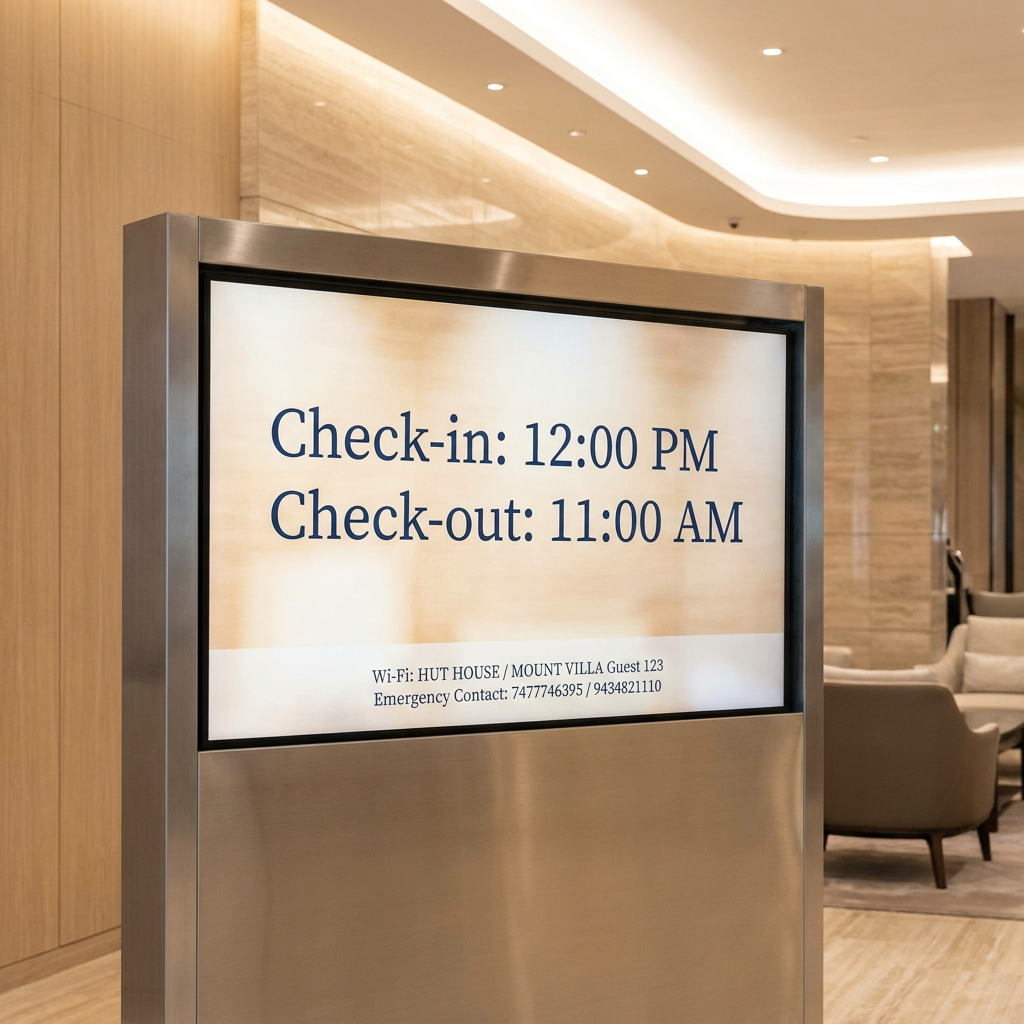 AI Design for A sleek, modern hotel lobby information display featuring a clean, minimalist digital signage design. The text 'Check-in: 12:00 PM' and 'Check-out: 11:00 AM' is elegantly displayed in a refined sans-serif font against a soft, ambient-lit textured background, creating an inviting and professional atmosphere.