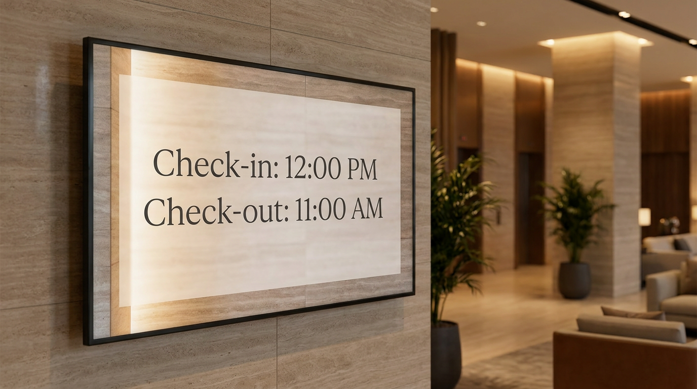 AI Design for A sleek, modern hotel lobby information display featuring a clean, minimalist digital signage design. The text 'Check-in: 12:00 PM' and 'Check-out: 11:00 AM' is elegantly displayed in a refined sans-serif font against a soft, ambient-lit textured background, creating an inviting and professional atmosphere.
