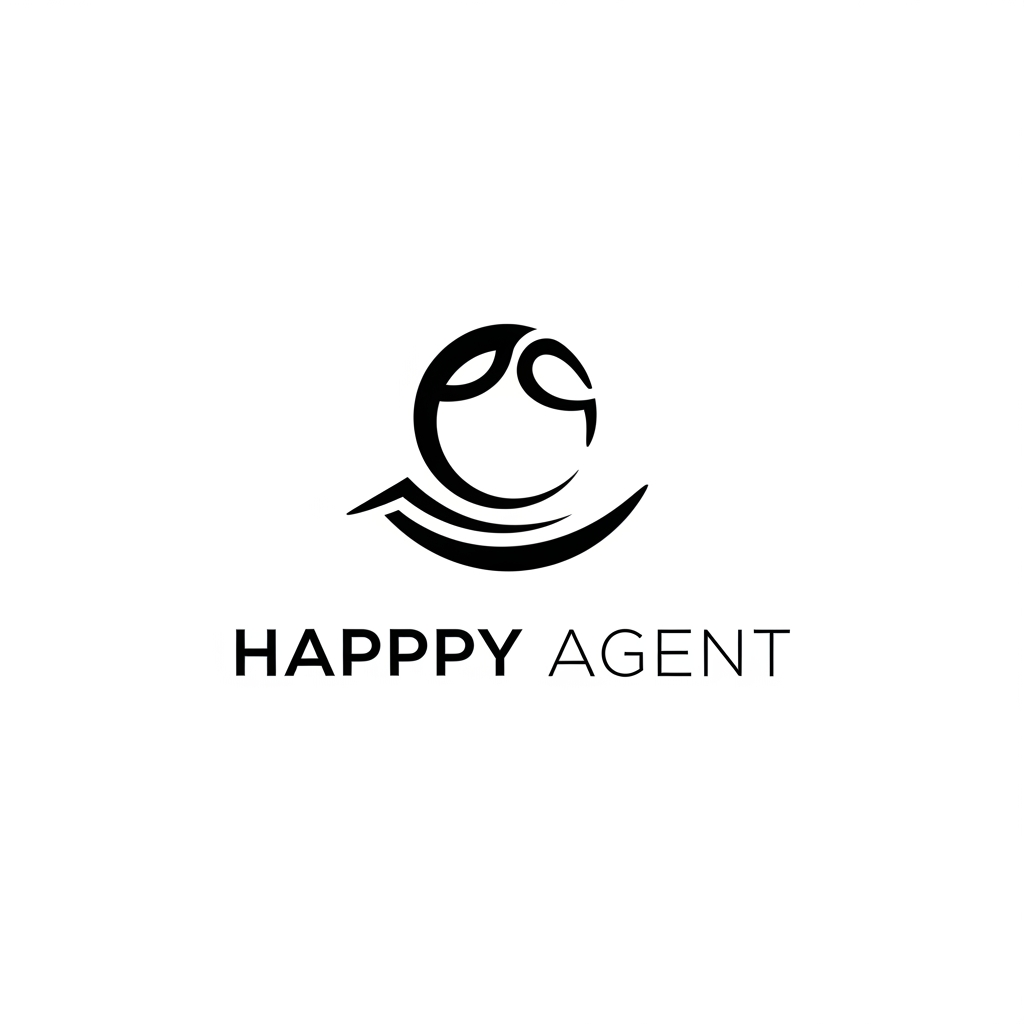 AI Design for create a minimalist, modern logo for an AI Referral Agent called 'Happpy Agent' - keep it very less details and just black and white - don't create any recognisable face features. Keep it really simple - 1-2 stroke type designs