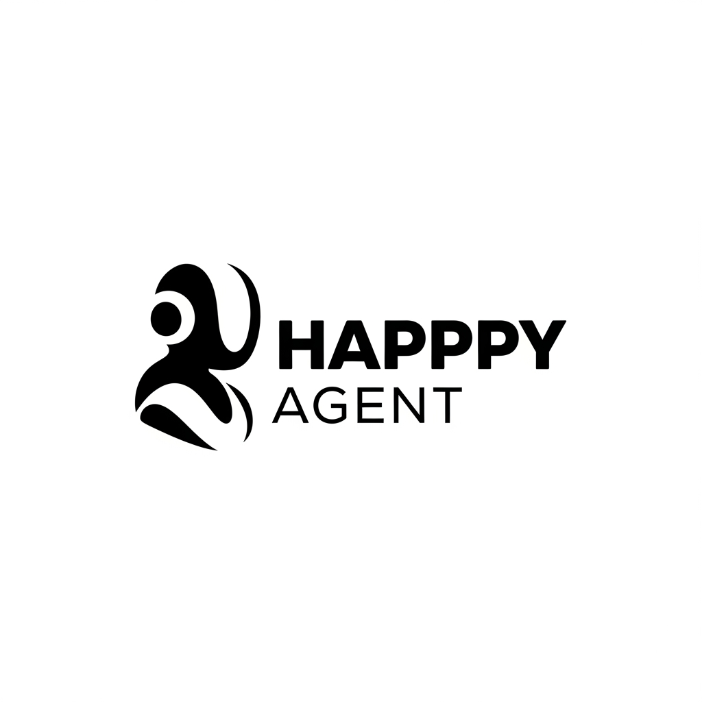 AI Design for create a minimalist, modern logo for an AI Referral Agent called 'Happpy Agent' - keep it very less details and just black and white - don't create any recognisable face features. Keep it really simple - 1-2 strong type designs