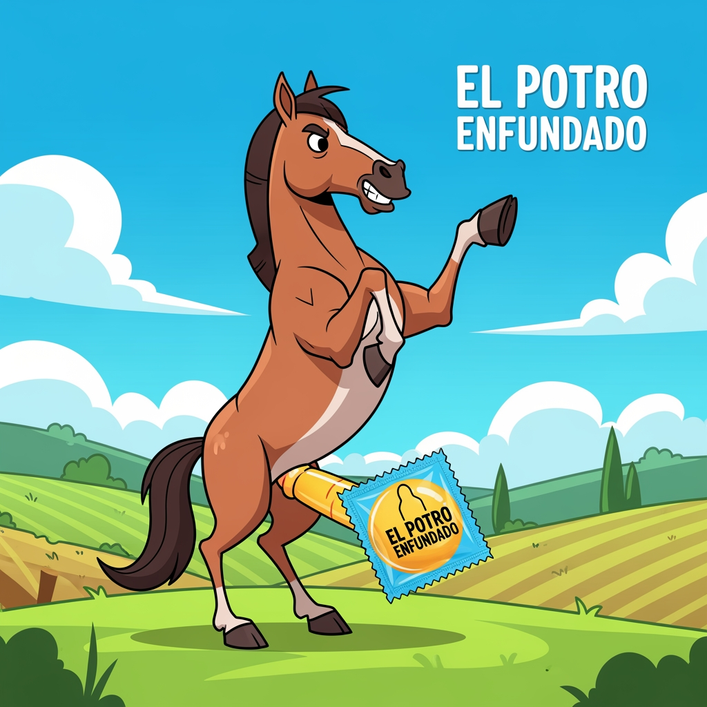 AI Design for hazme una imagen para nuestra empresa de el potro enfundado que quiero que salga en a imagen un condon para caballos todo animado