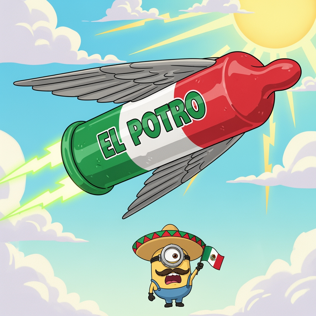 AI Design for hazme una imagen para nuestra empresa de el potro enfundado que quiero que salga en a imagen un condon para caballos todo animado CON EL CONDON DEL CABALLO SIENDO GIGANTE Y VOLADR, QUE LANCE RAYOS VERDES POR LA PUNTA Y QUE APRAZCA UN MINION MEXICANO