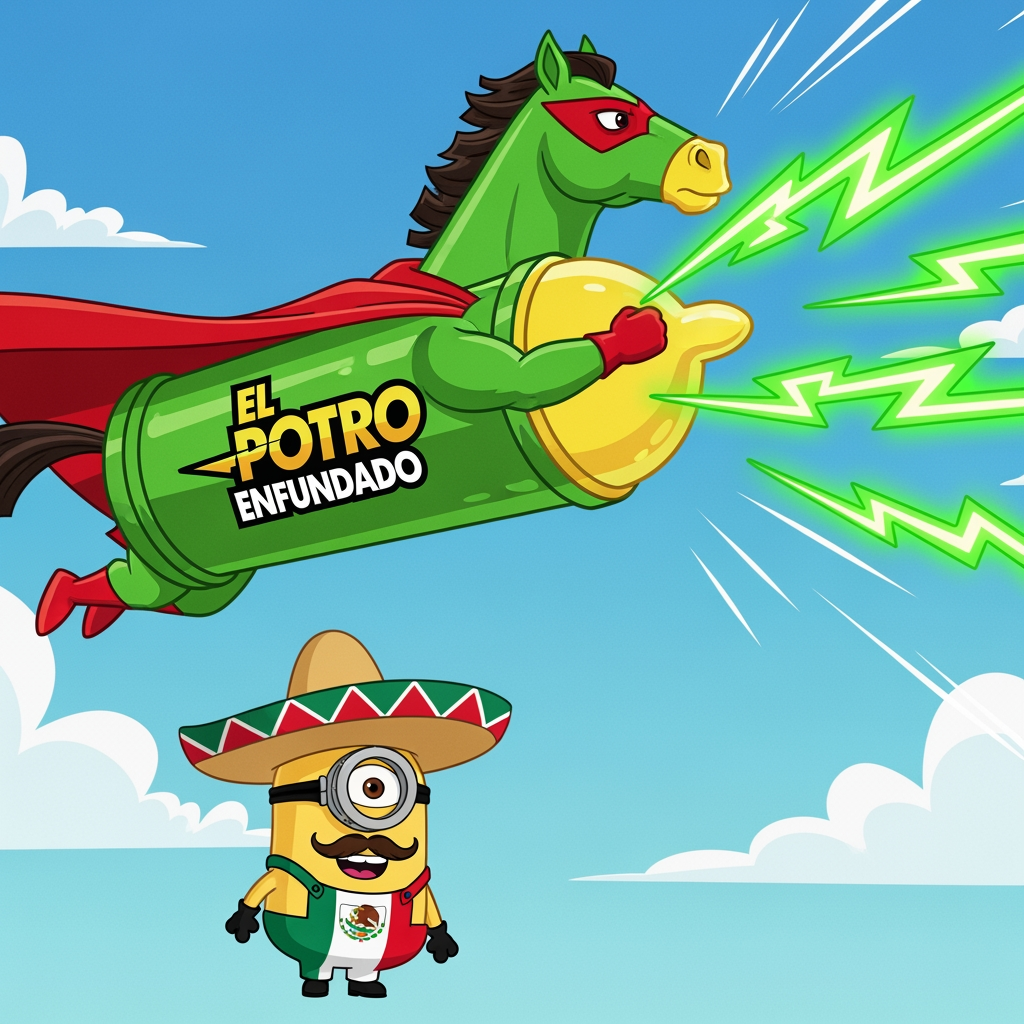 AI Design for hazme una imagen para nuestra empresa de el potro enfundado que quiero que salga en a imagen un condon para caballos todo animado CON EL CONDON DEL CABALLO SIENDO GIGANTE Y VOLADR, QUE LANCE RAYOS VERDES POR LA PUNTA Y QUE APRAZCA UN MINION MEXICANO