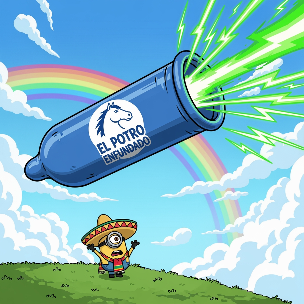 AI Design for hazme una imagen para nuestra empresa de el potro enfundado que quiero que salga en a imagen un condon para caballos todo animado CON EL CONDON DEL CABALLO SIENDO GIGANTE Y VOLADR, QUE LANCE RAYOS VERDES POR LA PUNTA Y QUE APRAZCA UN MINION MEXICANO