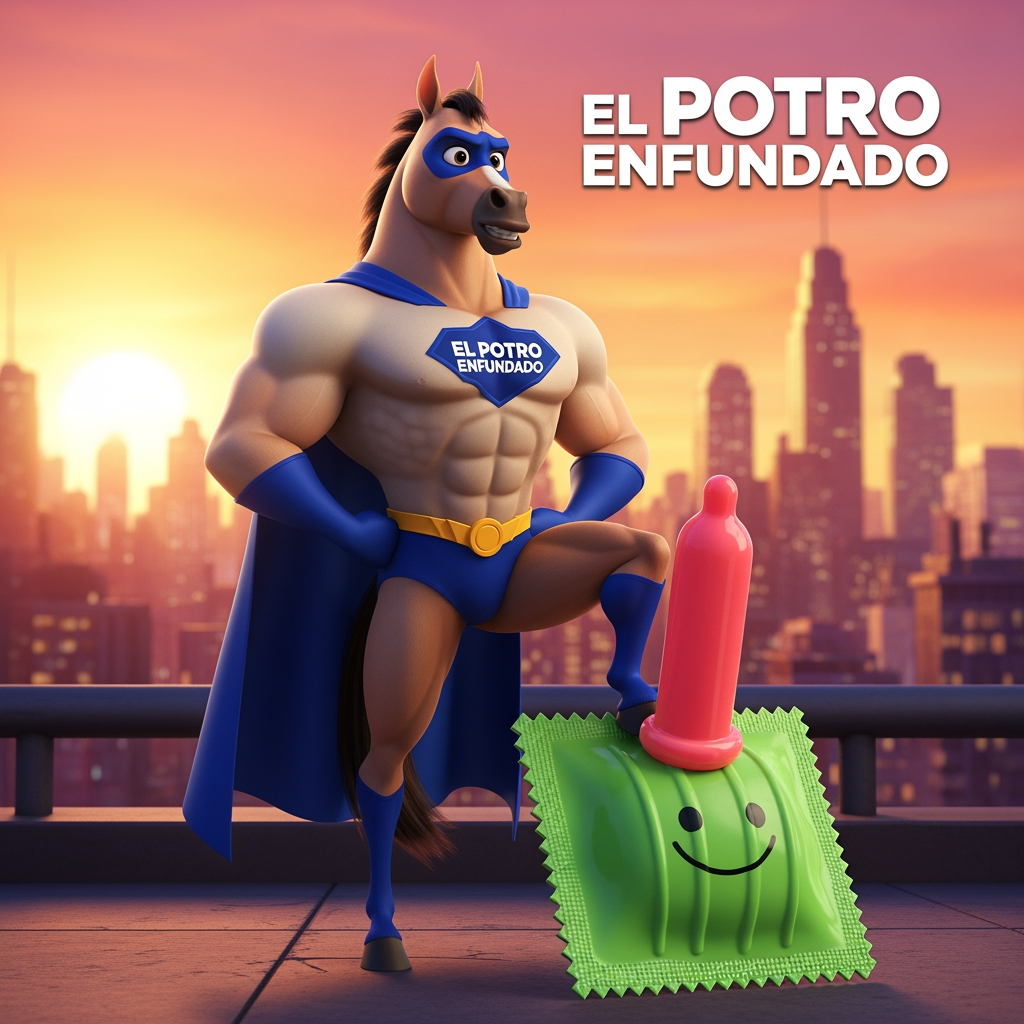 AI Design for hazme una imagen para nuestra empresa de el potro enfundado que quiero que salga en a imagen un condon para caballos todo animado