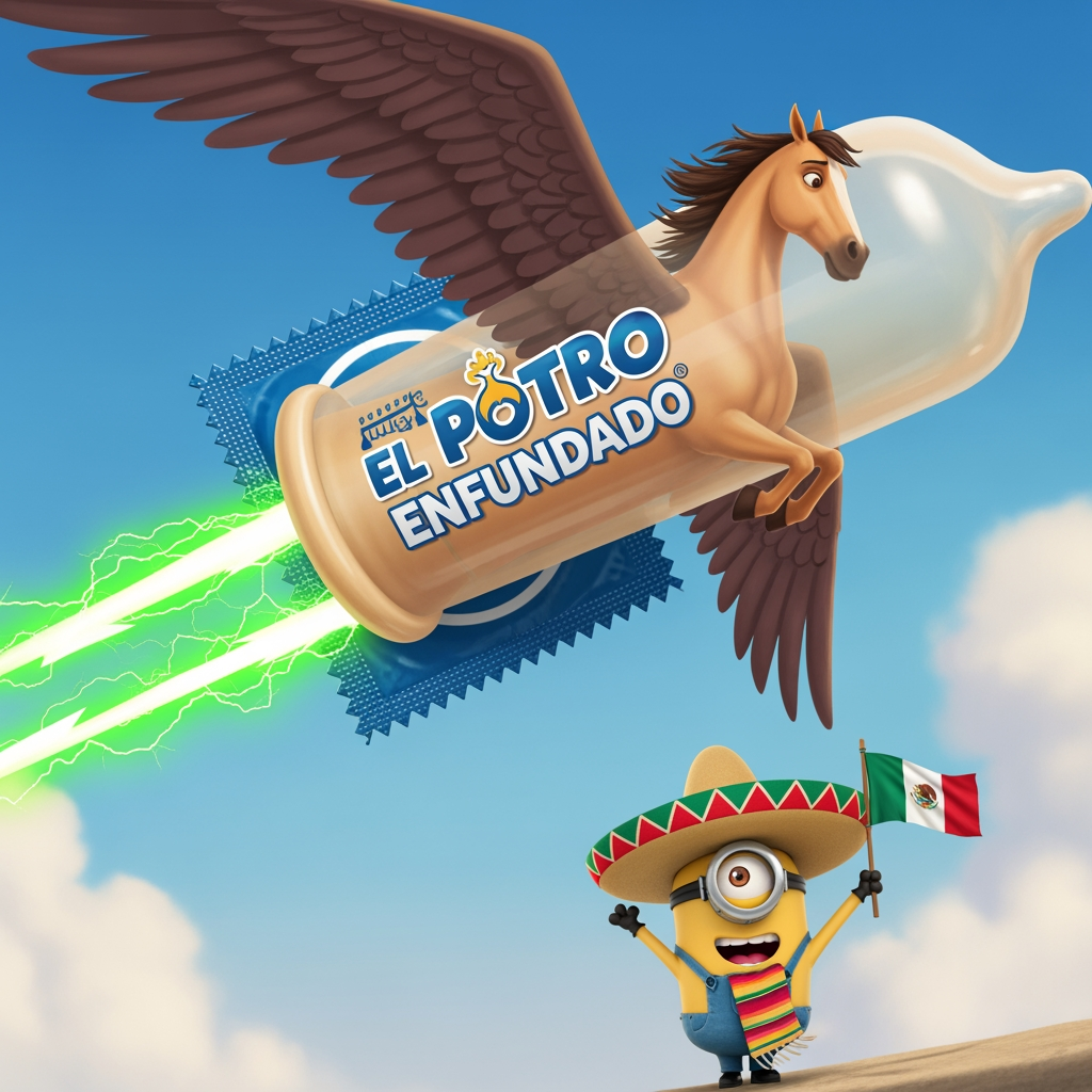 AI Design for hazme una imagen para nuestra empresa de el potro enfundado que quiero que salga en a imagen un condon para caballos todo animado CON EL CONDON DEL CABALLO SIENDO GIGANTE Y VOLADR, QUE LANCE RAYOS VERDES POR LA PUNTA Y QUE APRAZCA UN MINION MEXICANO