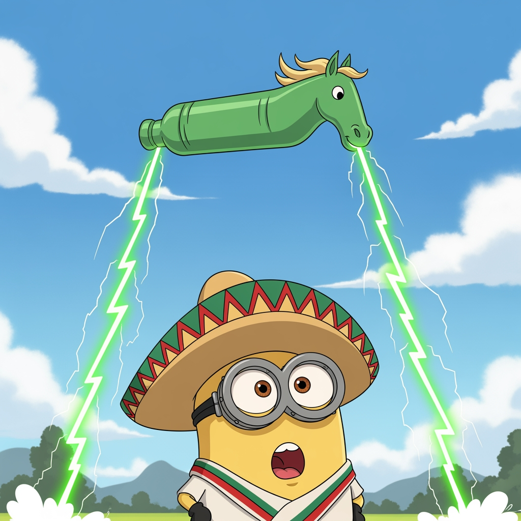 AI Design for hazme una imagen para nuestra empresa de el potro enfundado que quiero que salga en a imagen un condon para caballos todo animado CON EL CONDON DEL CABALLO SIENDO GIGANTE Y VOLADR, QUE LANCE RAYOS VERDES POR LA PUNTA Y QUE APRAZCA UN MINION MEXICANO
