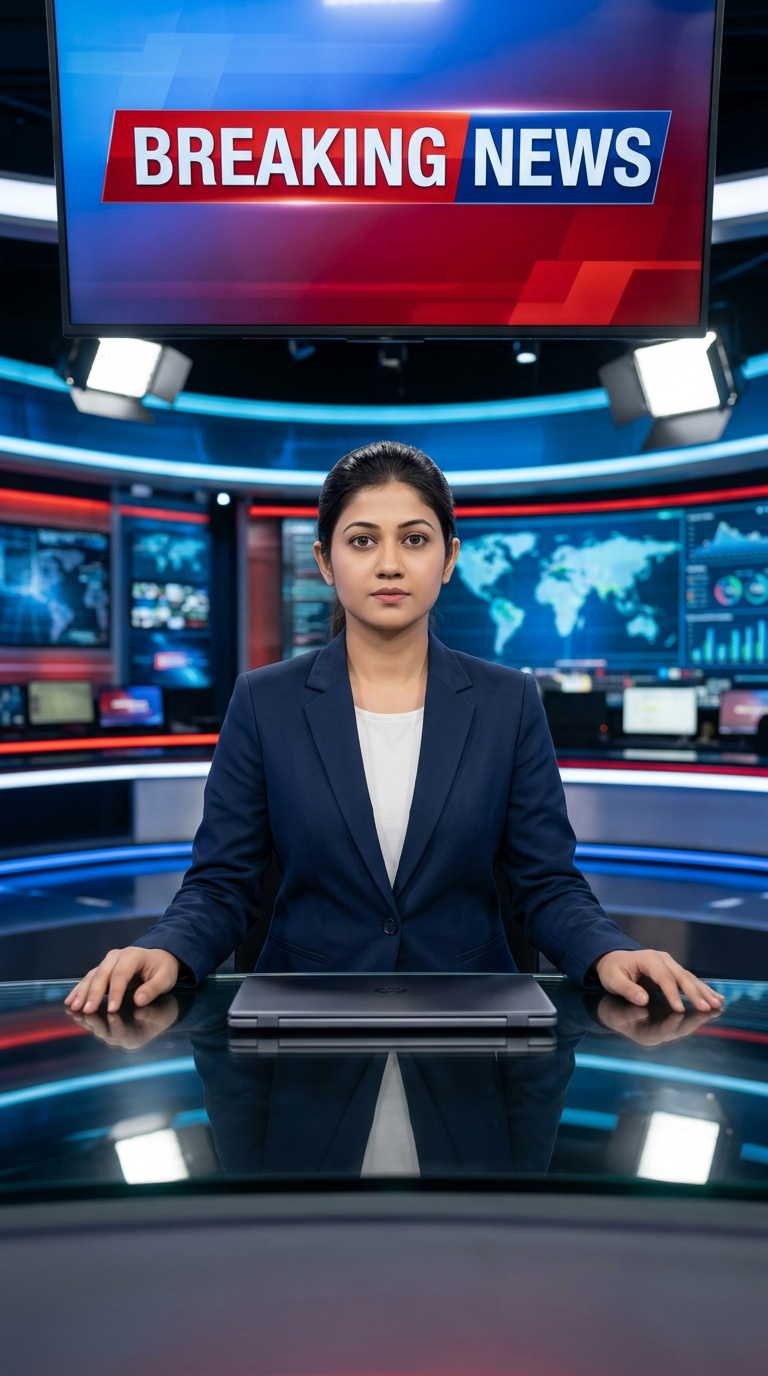 AI Design for Ultra-realistic Indian female news anchor sitting in a modern high-tech television news studio, professional navy blue blazer with white shirt, confident serious expression, looking directly at camera, glossy news desk with laptop, dramatic BREAKING NEWS panel on right side, bold red and black broadcast graphics, LED newsroom lighting, futuristic digital world map background, cinematic lighting, photorealistic skin details, television broadcast quality, Indian news channel aesthetic, breaking news headline in Hindi, large typography, premium newsroom environment, reflections on desk surface, sharp focus, depth of field, highly detailed, 8K, professional journalism, vertical composition. Headline Text: BREAKING NEWS Style: TV news broadcast, photorealistic, ultra detailed, cinematic, HDR, realistic newsroom, professional reporter, news channel graphics, red glowing accents, clean typography, modern media studio. Aspect Ratio: 9:16 (Instagram Reel) Camera: Medium shot, eye-level angle Lighting: Studio broadcast lighting, soft key light, rim light Quality: 8K, ultra realistic, sharp focus, photorealistic No watermark, no logo, no distorted text, no extra fingers, no blur cloth color: nevy blue
not any wear ornaments, remove earings
remove hindi text
Straight body, straight face and straight hair
not any dot on face
not any hindi text in break news headline
must be breaking news headline on top center
