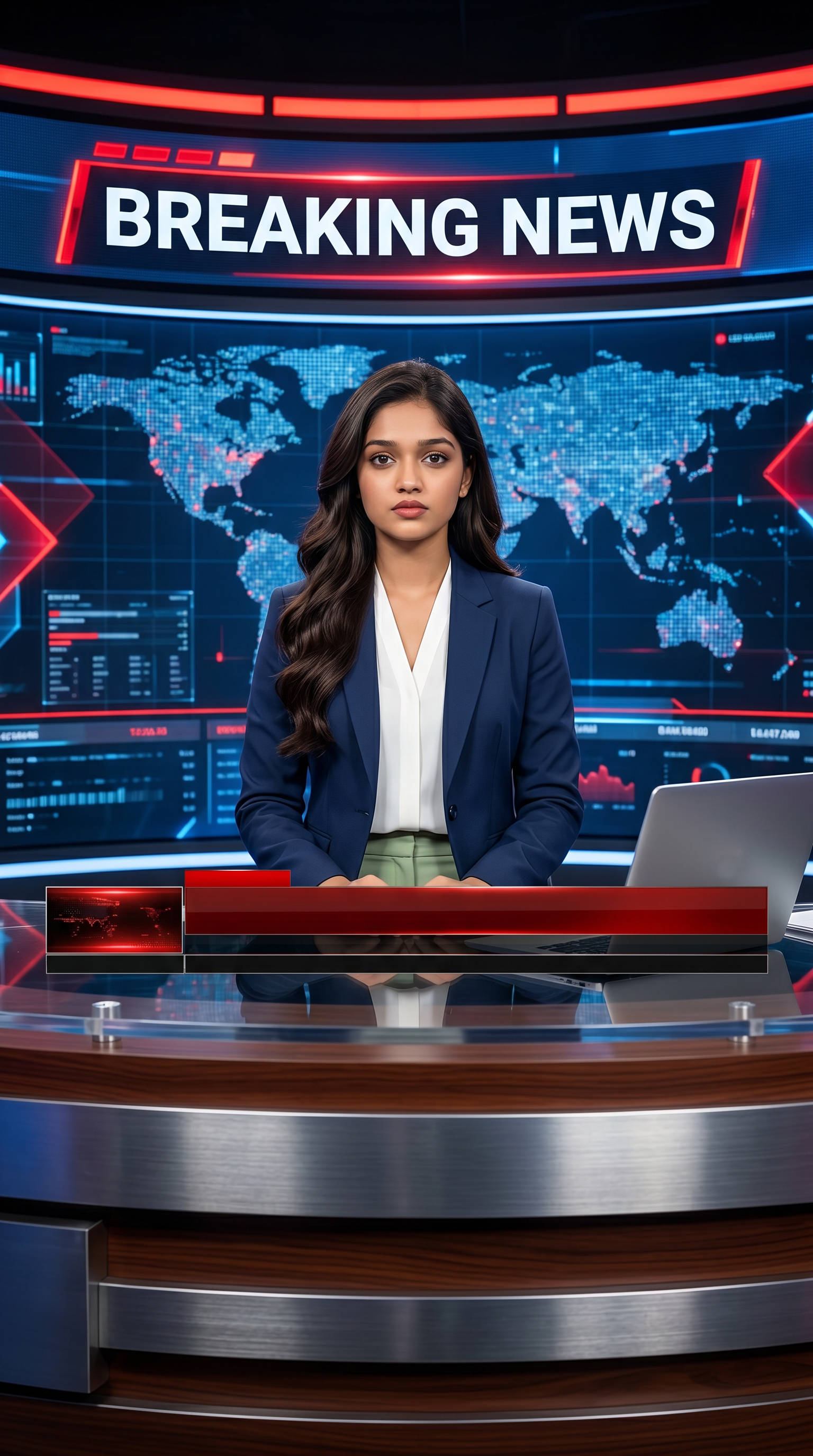 AI Design for Ultra-realistic Indian female news anchor sitting in a modern high-tech television news studio, professional navy blue blazer with white shirt, confident serious expression, looking directly at camera, glossy news desk with laptop, dramatic BREAKING NEWS panel on right side, bold red and black broadcast graphics, LED newsroom lighting, futuristic digital world map background, cinematic lighting, photorealistic skin details, television broadcast quality, Indian news channel aesthetic, breaking news headline in Hindi, large typography, premium newsroom environment, reflections on desk surface, sharp focus, depth of field, highly detailed, 8K, professional journalism, vertical composition. Headline Text: BREAKING NEWS Style: TV news broadcast, photorealistic, ultra detailed, cinematic, HDR, realistic newsroom, professional reporter, news channel graphics, red glowing accents, clean typography, modern media studio. Aspect Ratio: 9:16 (Instagram Reel) Camera: Medium shot, eye-level angle Lighting: Studio broadcast lighting, soft key light, rim light Quality: 8K, ultra realistic, sharp focus, photorealistic No watermark, no logo, no distorted text, no extra fingers, no blur cloth color: pista
not any wear ornaments, remove earings
remove hindi text
Straight body, straight face and straight hair
not any dot on face
not any hindi text in break news headline
must be breaking news headline on top center
remove hedline