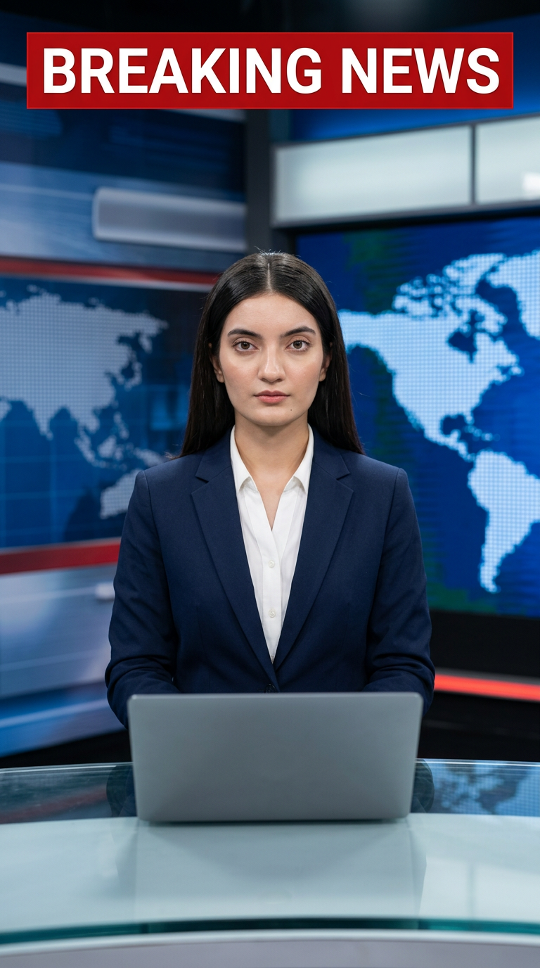 AI Design for Ultra-realistic Indian female news anchor sitting in a modern high-tech television news studio, professional navy blue blazer with white shirt, confident serious expression, looking directly at camera, glossy news desk with laptop, dramatic BREAKING NEWS panel on right side, bold red and black broadcast graphics, LED newsroom lighting, futuristic digital world map background, cinematic lighting, photorealistic skin details, television broadcast quality, Indian news channel aesthetic, breaking news headline in Hindi, large typography, premium newsroom environment, reflections on desk surface, sharp focus, depth of field, highly detailed, 8K, professional journalism, vertical composition. Headline Text: BREAKING NEWS Style: TV news broadcast, photorealistic, ultra detailed, cinematic, HDR, realistic newsroom, professional reporter, news channel graphics, red glowing accents, clean typography, modern media studio. Aspect Ratio: 9:16 (Instagram Reel) Camera: Medium shot, eye-level angle Lighting: Studio broadcast lighting, soft key light, rim light Quality: 8K, ultra realistic, sharp focus, photorealistic No watermark, no logo, no distorted text, no extra fingers, no blur cloth color: pista
not any wear ornaments, remove earings
remove hindi text
Straight body, straight face and straight hair
not any dot on face
not any hindi text in break news headline
must be breaking news headline on top center