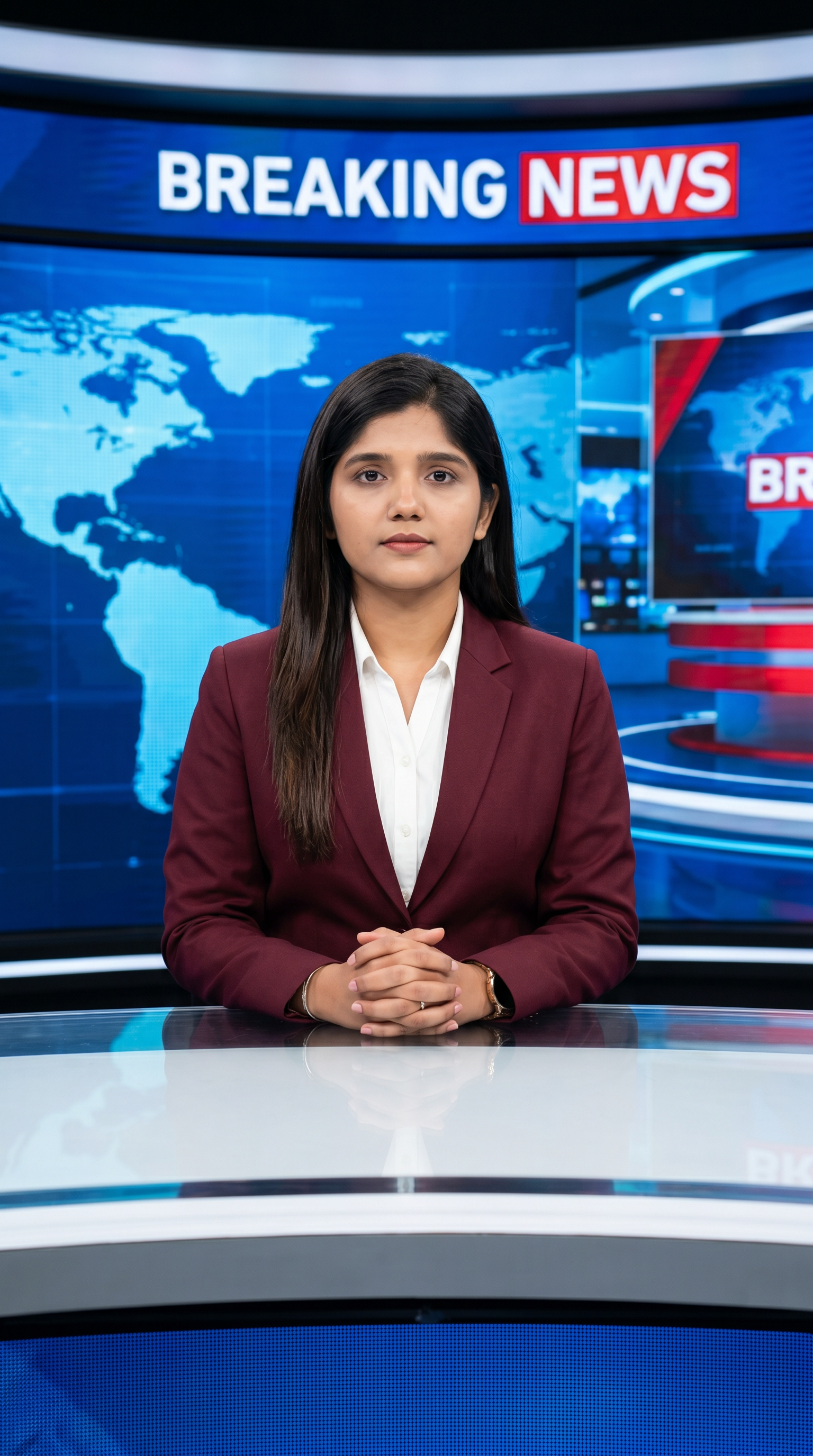 AI Design for Ultra-realistic Indian female news anchor sitting in a modern high-tech television news studio, professional navy blue blazer with white shirt, confident serious expression, looking directly at camera, glossy news desk with laptop, dramatic BREAKING NEWS panel on right side, bold red and black broadcast graphics, LED newsroom lighting, futuristic digital world map background, cinematic lighting, photorealistic skin details, television broadcast quality, Indian news channel aesthetic, breaking news headline in Hindi, large typography, premium newsroom environment, reflections on desk surface, sharp focus, depth of field, highly detailed, 8K, professional journalism, vertical composition. Headline Text: BREAKING NEWS Style: TV news broadcast, photorealistic, ultra detailed, cinematic, HDR, realistic newsroom, professional reporter, news channel graphics, red glowing accents, clean typography, modern media studio. Aspect Ratio: 9:16 (Instagram Reel) Camera: Medium shot, eye-level angle Lighting: Studio broadcast lighting, soft key light, rim light Quality: 8K, ultra realistic, sharp focus, photorealistic No watermark, no logo, no distorted text, no extra fingers, no blur cloth color: maron
not any wear ornaments, remove earings
remove hindi text
Straight body, straight face and straight hair
not any dot on face
not any hindi text in break news headline
must be breaking news headline on top center
sit on table