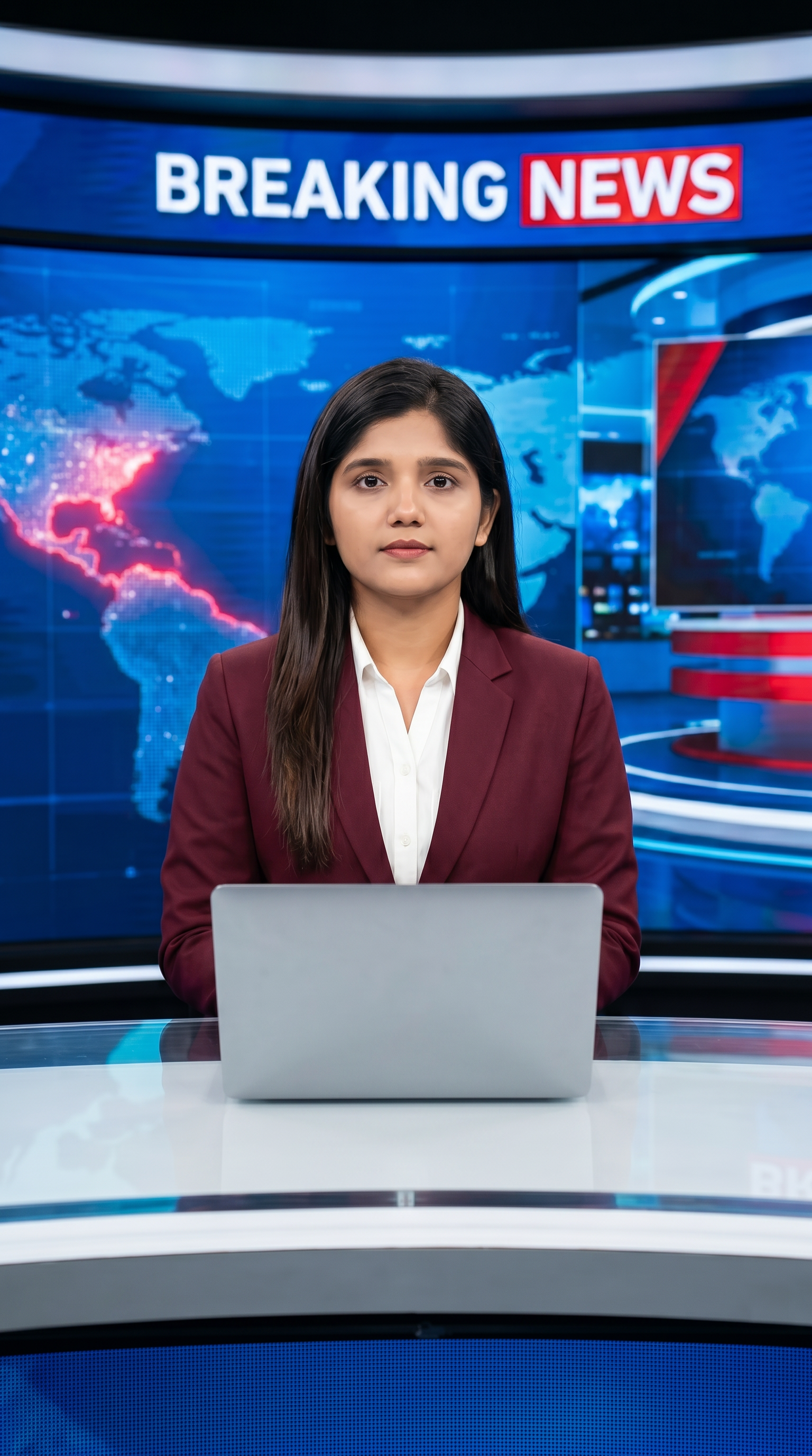 AI Design for Ultra-realistic Indian female news anchor sitting in a modern high-tech television news studio, professional navy blue blazer with white shirt, confident serious expression, looking directly at camera, glossy news desk with laptop, dramatic BREAKING NEWS panel on right side, bold red and black broadcast graphics, LED newsroom lighting, futuristic digital world map background, cinematic lighting, photorealistic skin details, television broadcast quality, Indian news channel aesthetic, breaking news headline in Hindi, large typography, premium newsroom environment, reflections on desk surface, sharp focus, depth of field, highly detailed, 8K, professional journalism, vertical composition. Headline Text: BREAKING NEWS Style: TV news broadcast, photorealistic, ultra detailed, cinematic, HDR, realistic newsroom, professional reporter, news channel graphics, red glowing accents, clean typography, modern media studio. Aspect Ratio: 9:16 (Instagram Reel) Camera: Medium shot, eye-level angle Lighting: Studio broadcast lighting, soft key light, rim light Quality: 8K, ultra realistic, sharp focus, photorealistic No watermark, no logo, no distorted text, no extra fingers, no blur cloth color: maron
not any wear ornaments, remove earings
remove hindi text
Straight body, straight face and straight hair
not any dot on face
not any hindi text in break news headline
must be breaking news headline on top center
sit on table & laptop