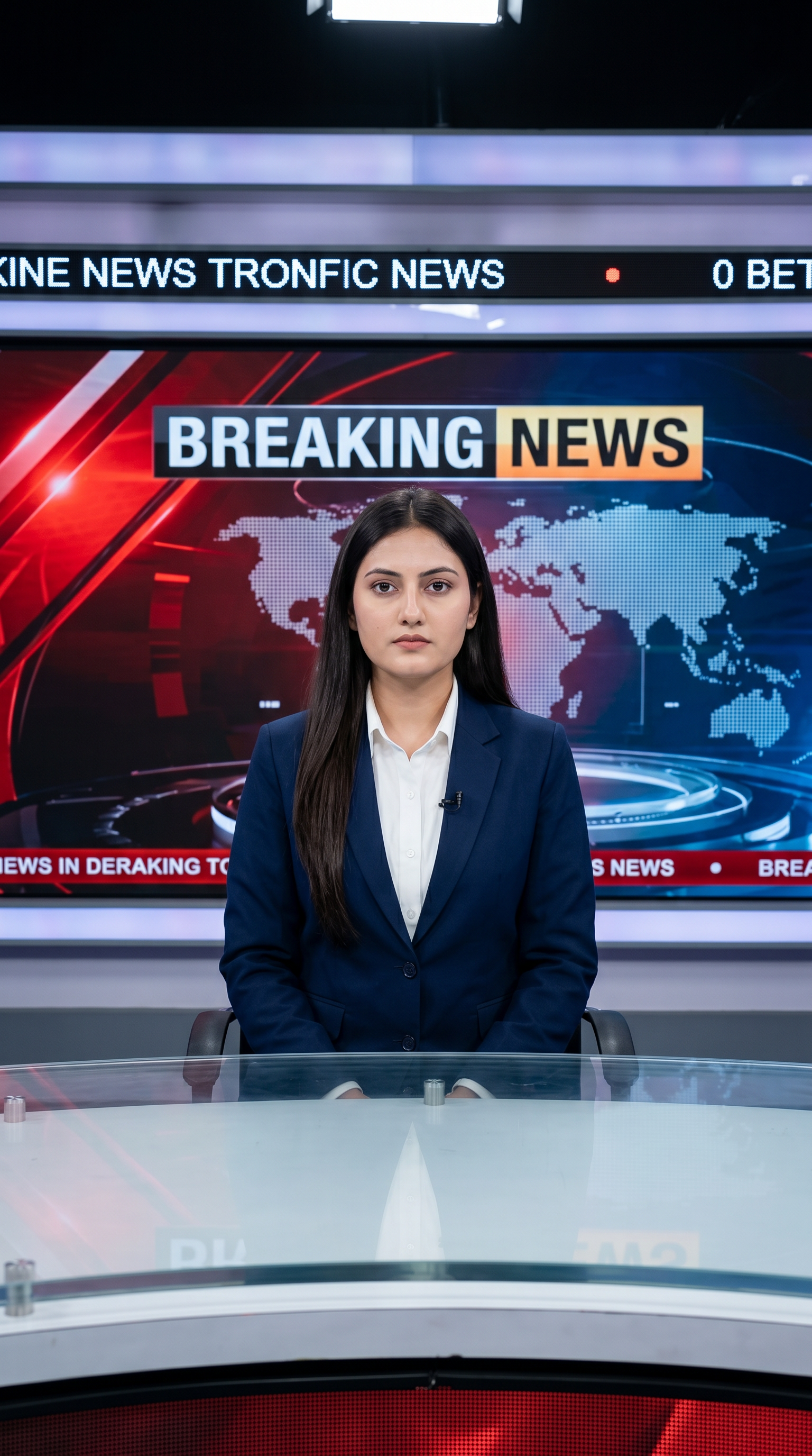 AI Design for Ultra-realistic Indian female news anchor sitting in a modern high-tech television news studio, professional navy blue blazer with white shirt, confident serious expression, looking directly at camera, glossy news desk with laptop, dramatic BREAKING NEWS panel on right side, bold red and black broadcast graphics, LED newsroom lighting, futuristic digital world map background, cinematic lighting, photorealistic skin details, television broadcast quality, Indian news channel aesthetic, breaking news headline in Hindi, large typography, premium newsroom environment, reflections on desk surface, sharp focus, depth of field, highly detailed, 8K, professional journalism, vertical composition. Headline Text: BREAKING NEWS Style: TV news broadcast, photorealistic, ultra detailed, cinematic, HDR, realistic newsroom, professional reporter, news channel graphics, red glowing accents, clean typography, modern media studio. Aspect Ratio: 9:16 (Instagram Reel) Camera: Medium shot, eye-level angle Lighting: Studio broadcast lighting, soft key light, rim light Quality: 8K, ultra realistic, sharp focus, photorealistic No watermark, no logo, no distorted text, no extra fingers, no blur cloth color: navy blue
not any wear ornaments, remove earings
remove hindi text
Straight body, straight face and straight hair
not any dot on face
not any hindi text in break news headline
must be breaking news headline on top center