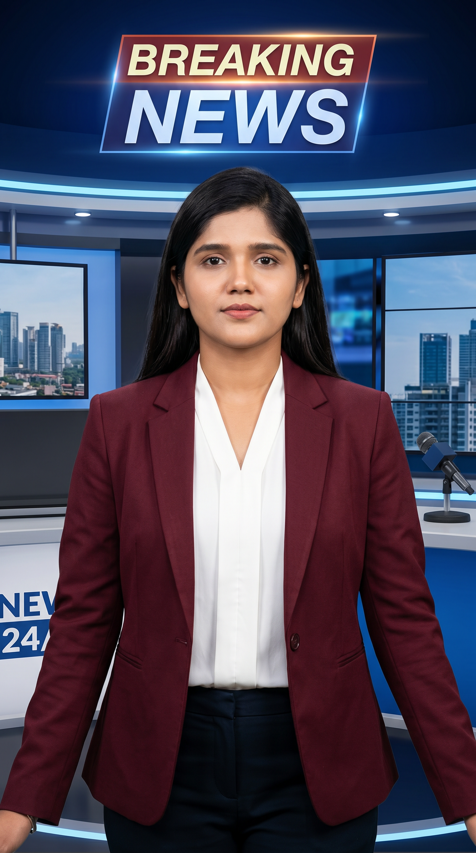 AI Design for Ultra-realistic Indian female news anchor sitting in a modern high-tech television news studio, professional navy blue blazer with white shirt, confident serious expression, looking directly at camera, glossy news desk with laptop, dramatic BREAKING NEWS panel on right side, bold red and black broadcast graphics, LED newsroom lighting, futuristic digital world map background, cinematic lighting, photorealistic skin details, television broadcast quality, Indian news channel aesthetic, breaking news headline in Hindi, large typography, premium newsroom environment, reflections on desk surface, sharp focus, depth of field, highly detailed, 8K, professional journalism, vertical composition. Headline Text: BREAKING NEWS Style: TV news broadcast, photorealistic, ultra detailed, cinematic, HDR, realistic newsroom, professional reporter, news channel graphics, red glowing accents, clean typography, modern media studio. Aspect Ratio: 9:16 (Instagram Reel) Camera: Medium shot, eye-level angle Lighting: Studio broadcast lighting, soft key light, rim light Quality: 8K, ultra realistic, sharp focus, photorealistic No watermark, no logo, no distorted text, no extra fingers, no blur cloth color: maron
not any wear ornaments, remove earings
remove hindi text
Straight body, straight face and straight hair
not any dot on face
not any hindi text in break news headline
must be breaking news headline on top center