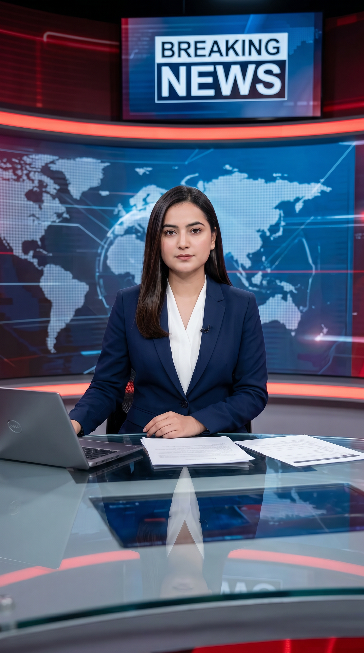 AI Design for Ultra-realistic Indian female news anchor sitting in a modern high-tech television news studio, professional navy blue blazer with white shirt, confident serious expression, looking directly at camera, glossy news desk with laptop, dramatic BREAKING NEWS panel on right side, bold red and black broadcast graphics, LED newsroom lighting, futuristic digital world map background, cinematic lighting, photorealistic skin details, television broadcast quality, Indian news channel aesthetic, breaking news headline in Hindi, large typography, premium newsroom environment, reflections on desk surface, sharp focus, depth of field, highly detailed, 8K, professional journalism, vertical composition. Headline Text: BREAKING NEWS Style: TV news broadcast, photorealistic, ultra detailed, cinematic, HDR, realistic newsroom, professional reporter, news channel graphics, red glowing accents, clean typography, modern media studio. Aspect Ratio: 9:16 (Instagram Reel) Camera: Medium shot, eye-level angle Lighting: Studio broadcast lighting, soft key light, rim light Quality: 8K, ultra realistic, sharp focus, photorealistic No watermark, no logo, no distorted text, no extra fingers, no blur cloth color: navy blue
not any wear ornaments, remove earings
remove hindi text
Straight body, straight face and straight hair
not any dot on face
not any hindi text in break news headline
must be breaking news headline on top center
remove hedline
must be breaking news headline top center above image generate
