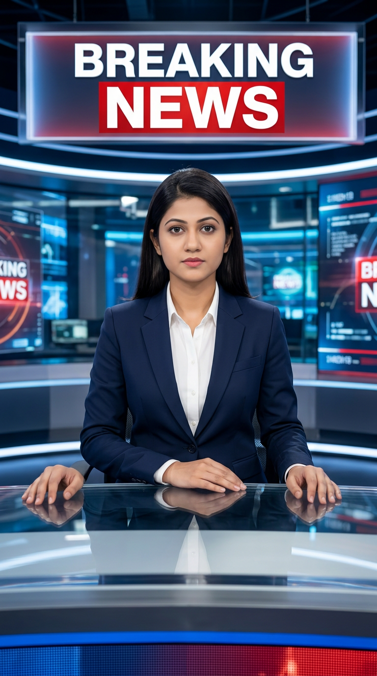 AI Design for Ultra-realistic Indian female news anchor sitting in a modern high-tech television news studio, professional navy blue blazer with white shirt, confident serious expression, looking directly at camera, glossy news desk with laptop, dramatic BREAKING NEWS panel on right side, bold red and black broadcast graphics, LED newsroom lighting, futuristic digital world map background, cinematic lighting, photorealistic skin details, television broadcast quality, Indian news channel aesthetic, breaking news headline in Hindi, large typography, premium newsroom environment, reflections on desk surface, sharp focus, depth of field, highly detailed, 8K, professional journalism, vertical composition. Headline Text: BREAKING NEWS Style: TV news broadcast, photorealistic, ultra detailed, cinematic, HDR, realistic newsroom, professional reporter, news channel graphics, red glowing accents, clean typography, modern media studio. Aspect Ratio: 9:16 (Instagram Reel) Camera: Medium shot, eye-level angle Lighting: Studio broadcast lighting, soft key light, rim light Quality: 8K, ultra realistic, sharp focus, photorealistic No watermark, no logo, no distorted text, no extra fingers, no blur cloth color: nevy blue
not any wear ornaments, remove earings
remove hindi text
Straight body, straight face and straight hair
not any dot on face
not any hindi text in break news headline
must be breaking news headline on top center