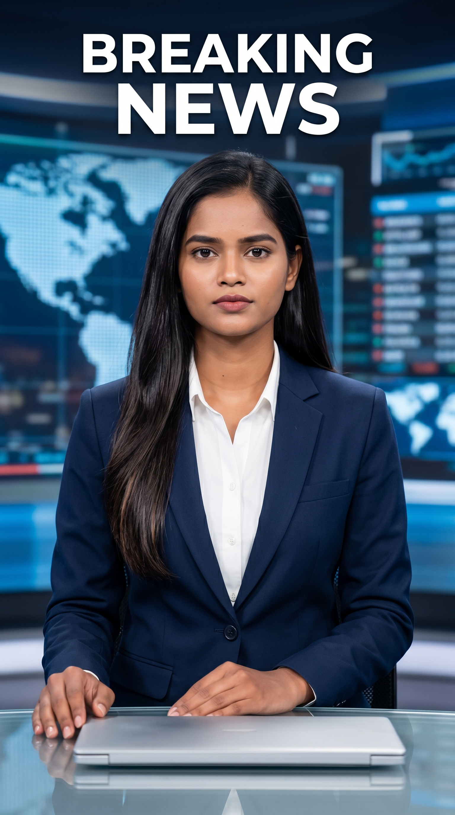 AI Design for Ultra-realistic Indian female news anchor sitting in a modern high-tech television news studio, professional navy blue blazer with white shirt, confident serious expression, looking directly at camera, glossy news desk with laptop, dramatic BREAKING NEWS panel on right side, bold red and black broadcast graphics, LED newsroom lighting, futuristic digital world map background, cinematic lighting, photorealistic skin details, television broadcast quality, Indian news channel aesthetic, breaking news headline in Hindi, large typography, premium newsroom environment, reflections on desk surface, sharp focus, depth of field, highly detailed, 8K, professional journalism, vertical composition. Headline Text: BREAKING NEWS Style: TV news broadcast, photorealistic, ultra detailed, cinematic, HDR, realistic newsroom, professional reporter, news channel graphics, red glowing accents, clean typography, modern media studio. Aspect Ratio: 9:16 (Instagram Reel) Camera: Medium shot, eye-level angle Lighting: Studio broadcast lighting, soft key light, rim light Quality: 8K, ultra realistic, sharp focus, photorealistic No watermark, no logo, no distorted text, no extra fingers, no blur cloth color: navy blue
not any wear ornaments, remove earings
remove hindi text
Straight body, straight face and straight hair
not any dot on face
not any hindi text in break news headline
must be breaking news headline on top center