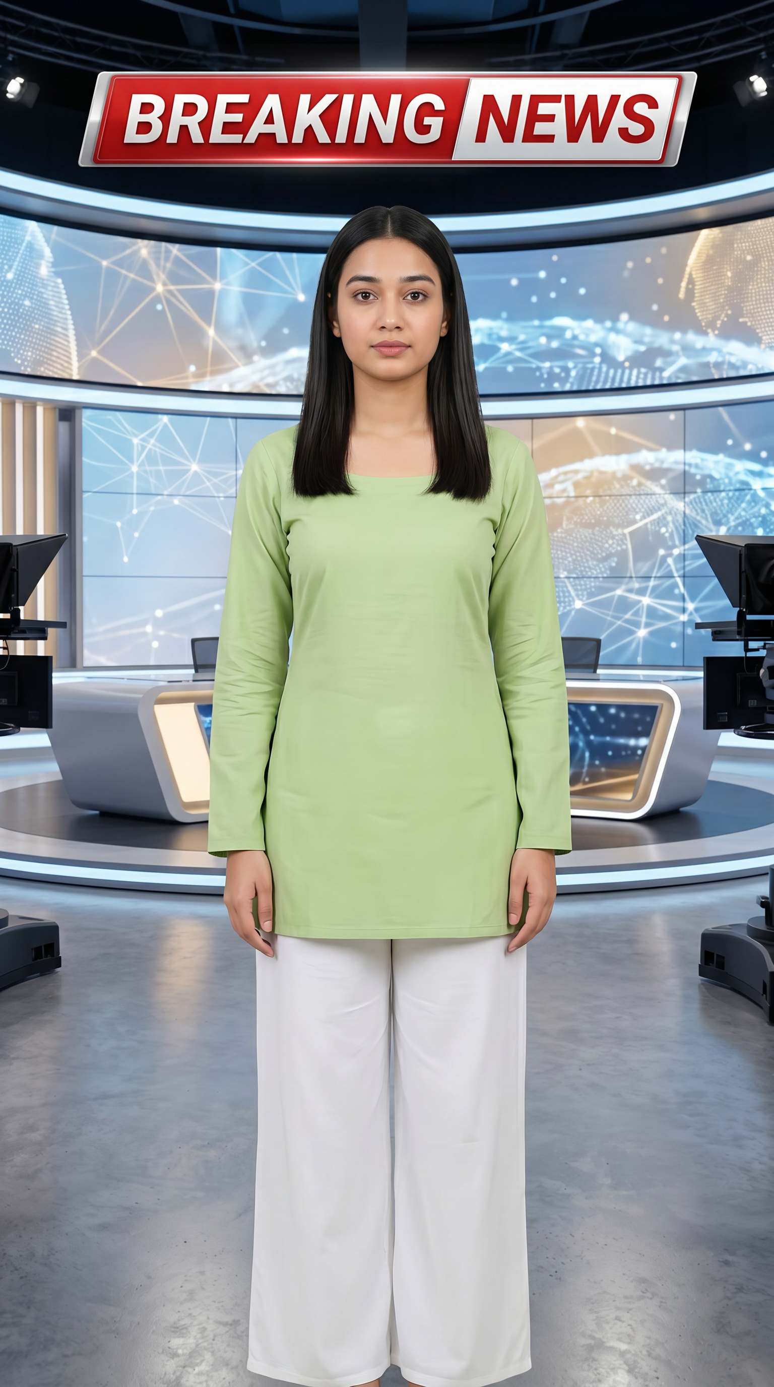 AI Design for Ultra-realistic Indian female news anchor sitting in a modern high-tech television news studio, professional navy blue blazer with white shirt, confident serious expression, looking directly at camera, glossy news desk with laptop, dramatic BREAKING NEWS panel on right side, bold red and black broadcast graphics, LED newsroom lighting, futuristic digital world map background, cinematic lighting, photorealistic skin details, television broadcast quality, Indian news channel aesthetic, breaking news headline in Hindi, large typography, premium newsroom environment, reflections on desk surface, sharp focus, depth of field, highly detailed, 8K, professional journalism, vertical composition. Headline Text: BREAKING NEWS Style: TV news broadcast, photorealistic, ultra detailed, cinematic, HDR, realistic newsroom, professional reporter, news channel graphics, red glowing accents, clean typography, modern media studio. Aspect Ratio: 9:16 (Instagram Reel) Camera: Medium shot, eye-level angle Lighting: Studio broadcast lighting, soft key light, rim light Quality: 8K, ultra realistic, sharp focus, photorealistic No watermark, no logo, no distorted text, no extra fingers, no blur cloth color: pista
not any wear ornaments, remove earings
remove hindi text
Straight body, straight face and straight hair
not any dot on face
not any hindi text in break news headline
must be breaking news headline on top center
remove hedline