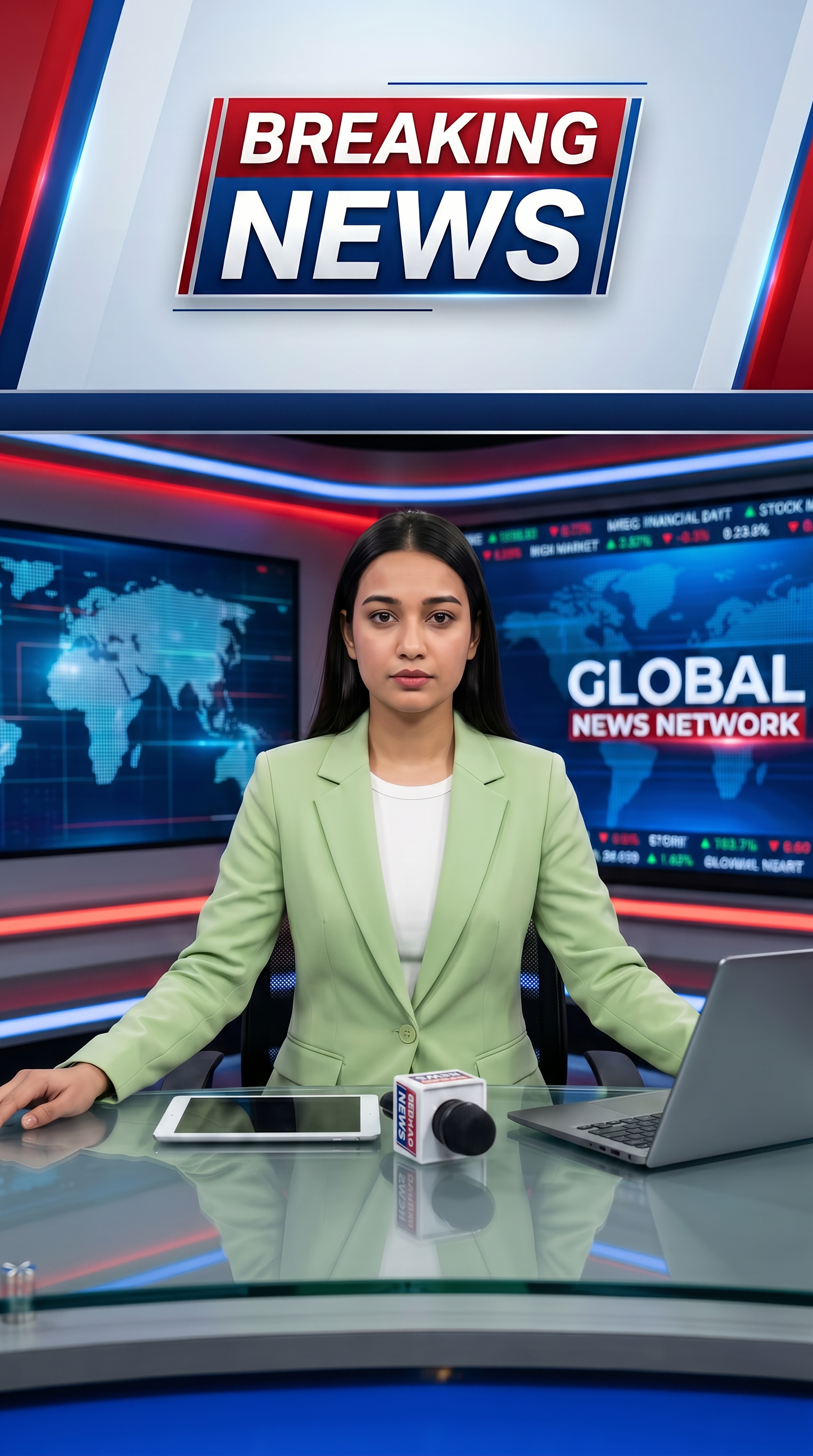 AI Design for Ultra-realistic Indian female news anchor sitting in a modern high-tech television news studio, professional navy blue blazer with white shirt, confident serious expression, looking directly at camera, glossy news desk with laptop, dramatic BREAKING NEWS panel on right side, bold red and black broadcast graphics, LED newsroom lighting, futuristic digital world map background, cinematic lighting, photorealistic skin details, television broadcast quality, Indian news channel aesthetic, breaking news headline in Hindi, large typography, premium newsroom environment, reflections on desk surface, sharp focus, depth of field, highly detailed, 8K, professional journalism, vertical composition. Headline Text: BREAKING NEWS Style: TV news broadcast, photorealistic, ultra detailed, cinematic, HDR, realistic newsroom, professional reporter, news channel graphics, red glowing accents, clean typography, modern media studio. Aspect Ratio: 9:16 (Instagram Reel) Camera: Medium shot, eye-level angle Lighting: Studio broadcast lighting, soft key light, rim light Quality: 8K, ultra realistic, sharp focus, photorealistic No watermark, no logo, no distorted text, no extra fingers, no blur cloth color: pista
not any wear ornaments, remove earings
remove hindi text
Straight body, straight face and straight hair
not any dot on face
not any hindi text in break news headline
must be breaking news headline on top center
remove hedline